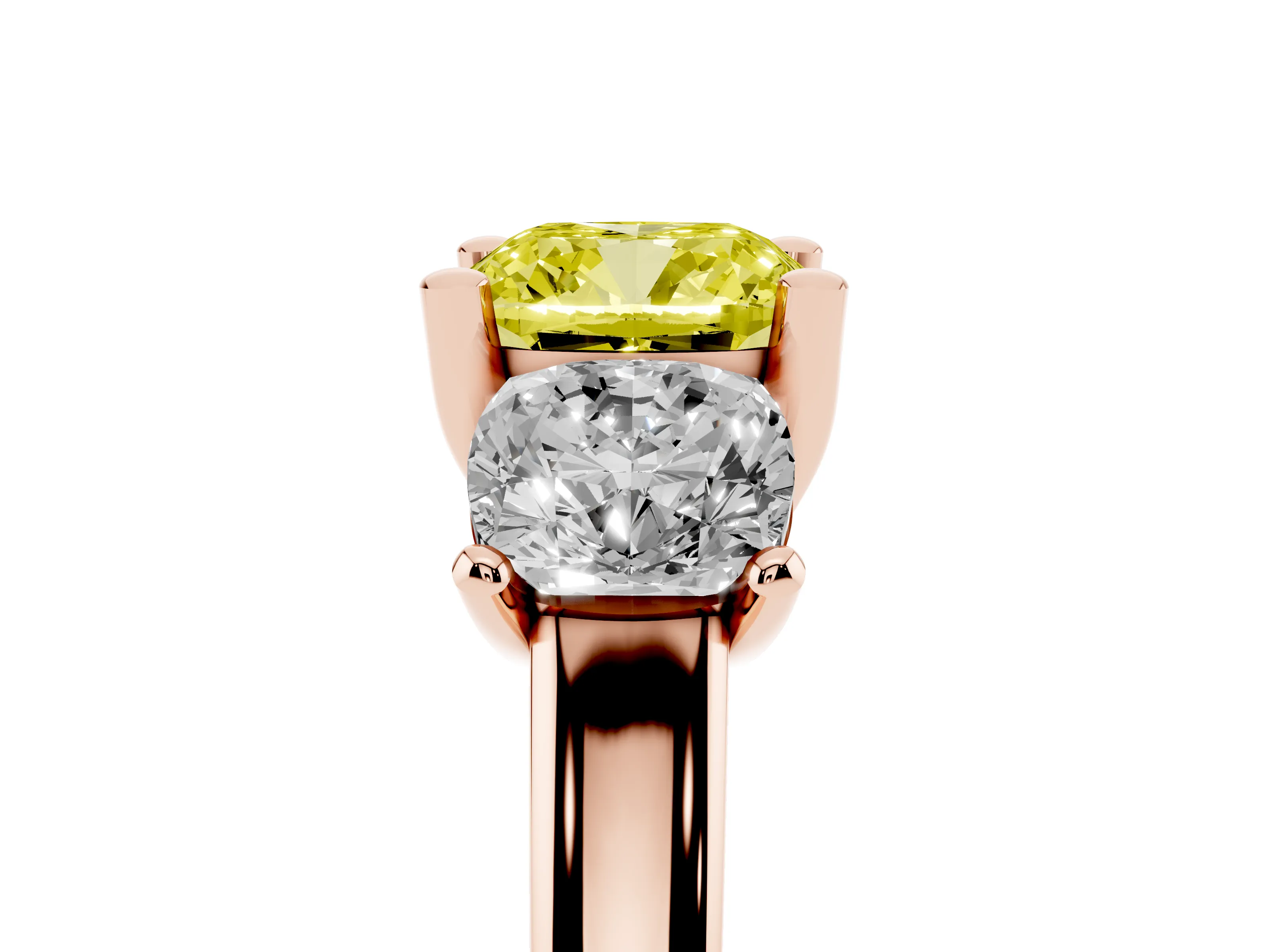 Fancy Yellow Cushion Cut Diamond Three-Stone Ring Set in Rose gold with Classic Prong Setting and Plain Band