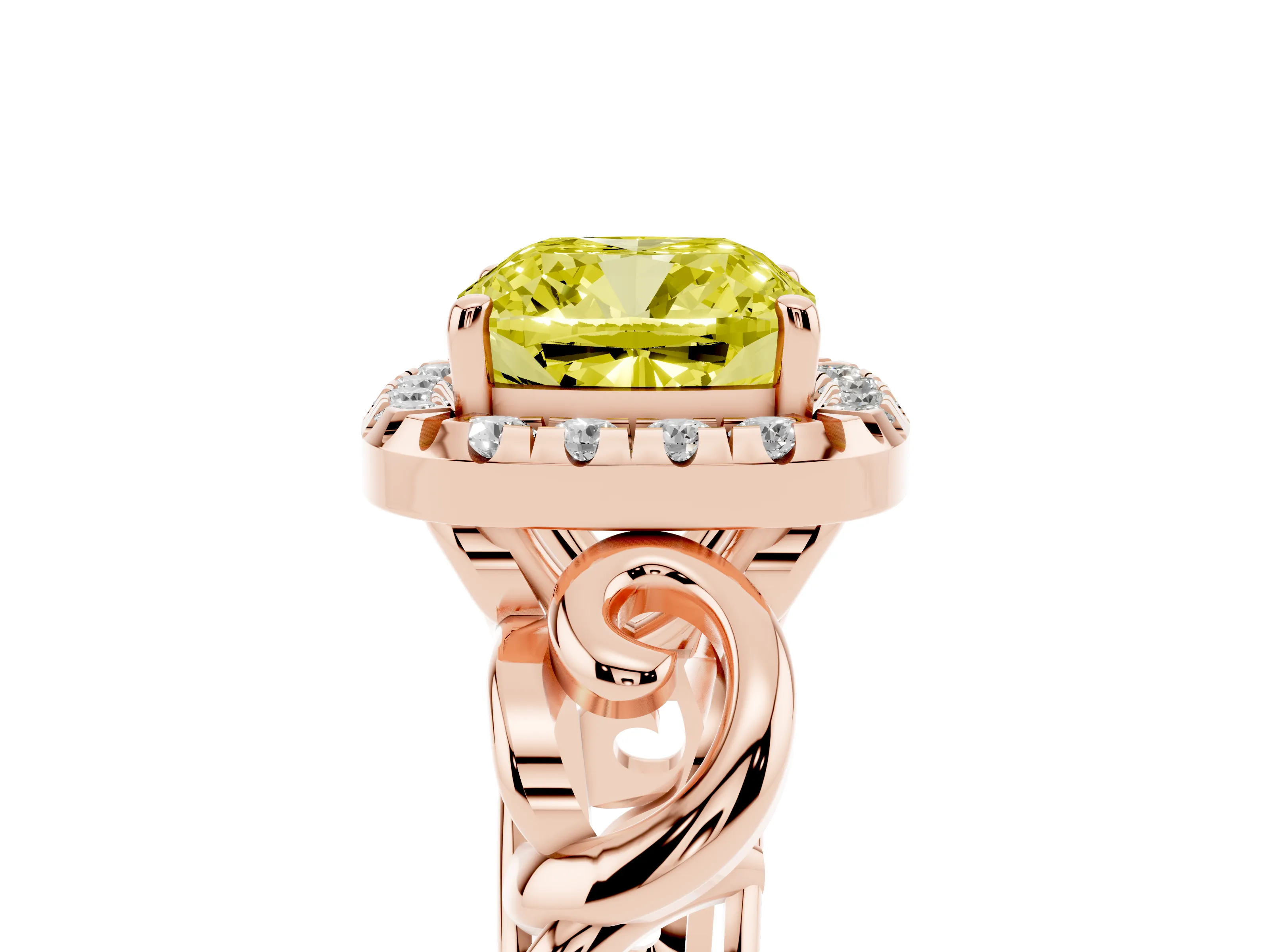 Fancy Yellow Cushion Cut Diamond Halo Ring Set in Rose gold with Scrollwork Band and Prong Setting