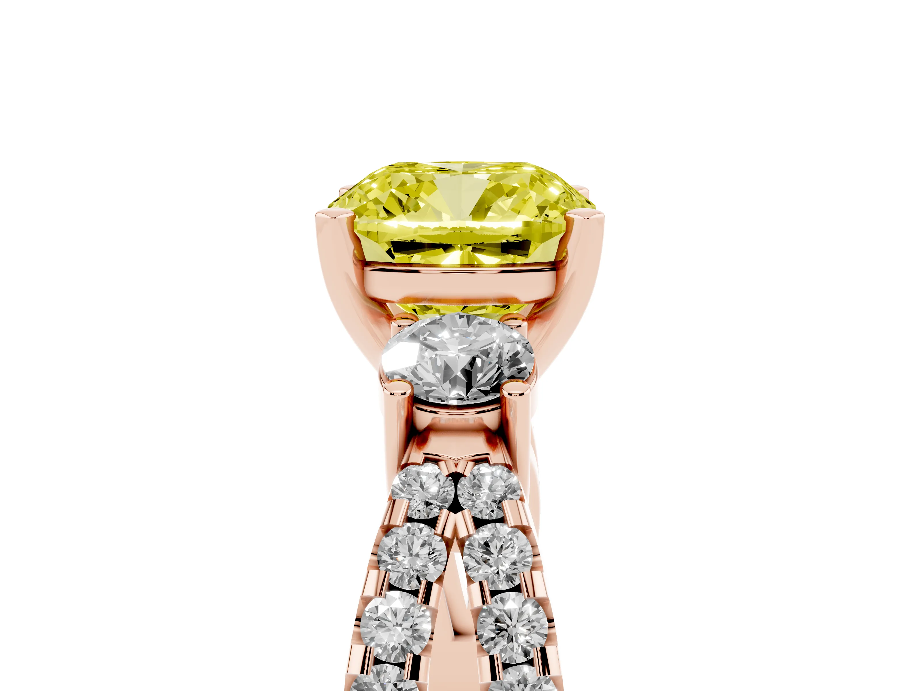 Fancy Yellow Cushion Cut Diamond Three-Stone Ring Set in Rose gold with Pavé Split Shank and Prong Setting