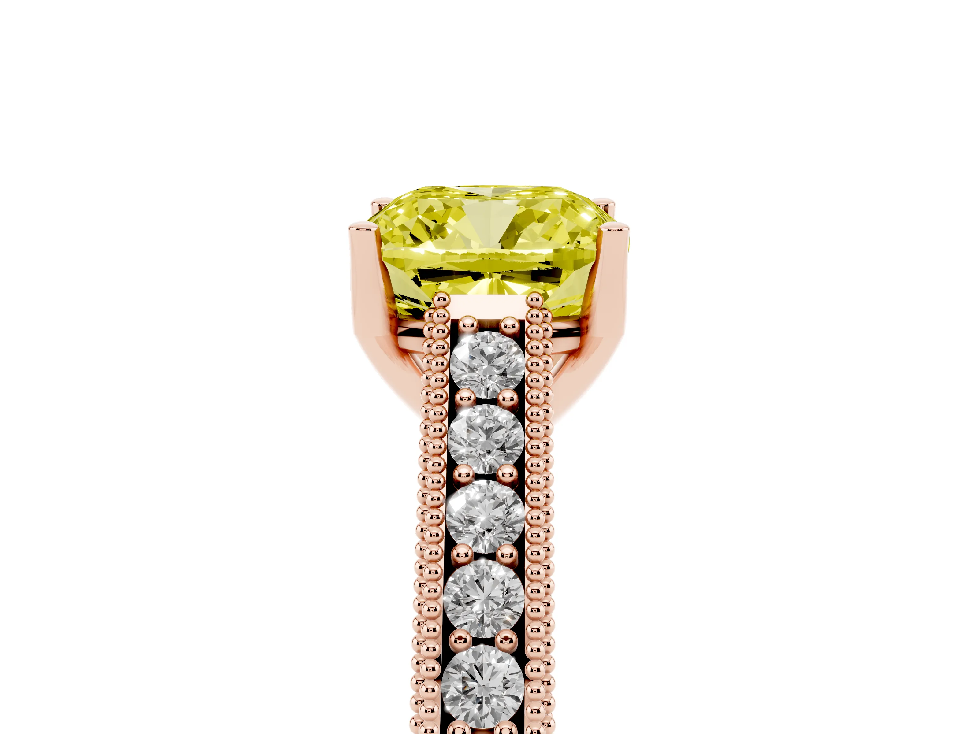 Fancy Yellow Cushion Cut Diamond Milgrain Pavé Band Solitaire Ring Set in Rose gold with Prong Setting