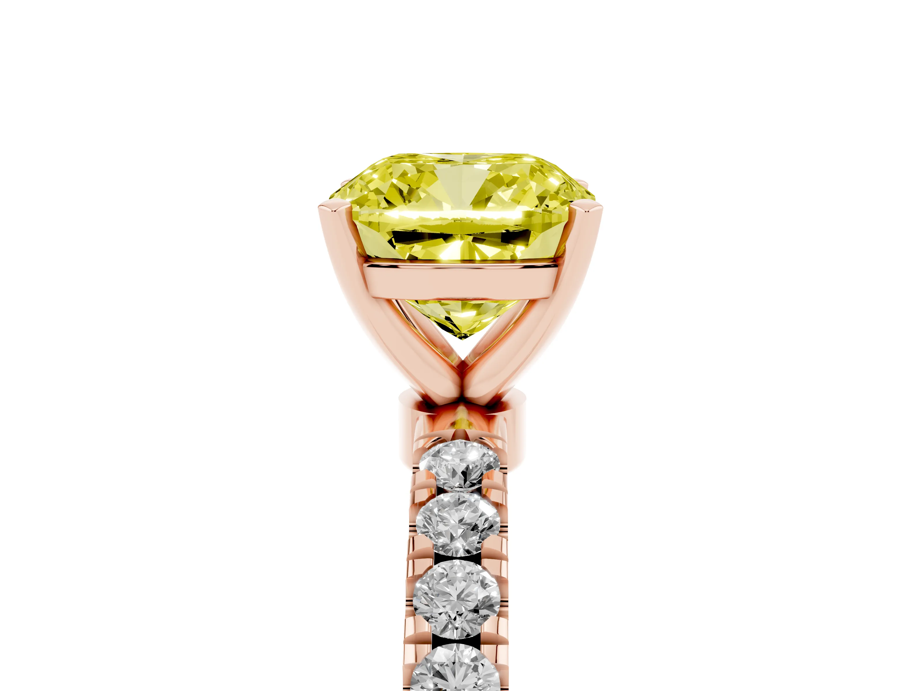 Fancy Yellow Cushion Cut Diamond Solitaire Ring Set in Rose gold with Pavé Accents and Prong Setting