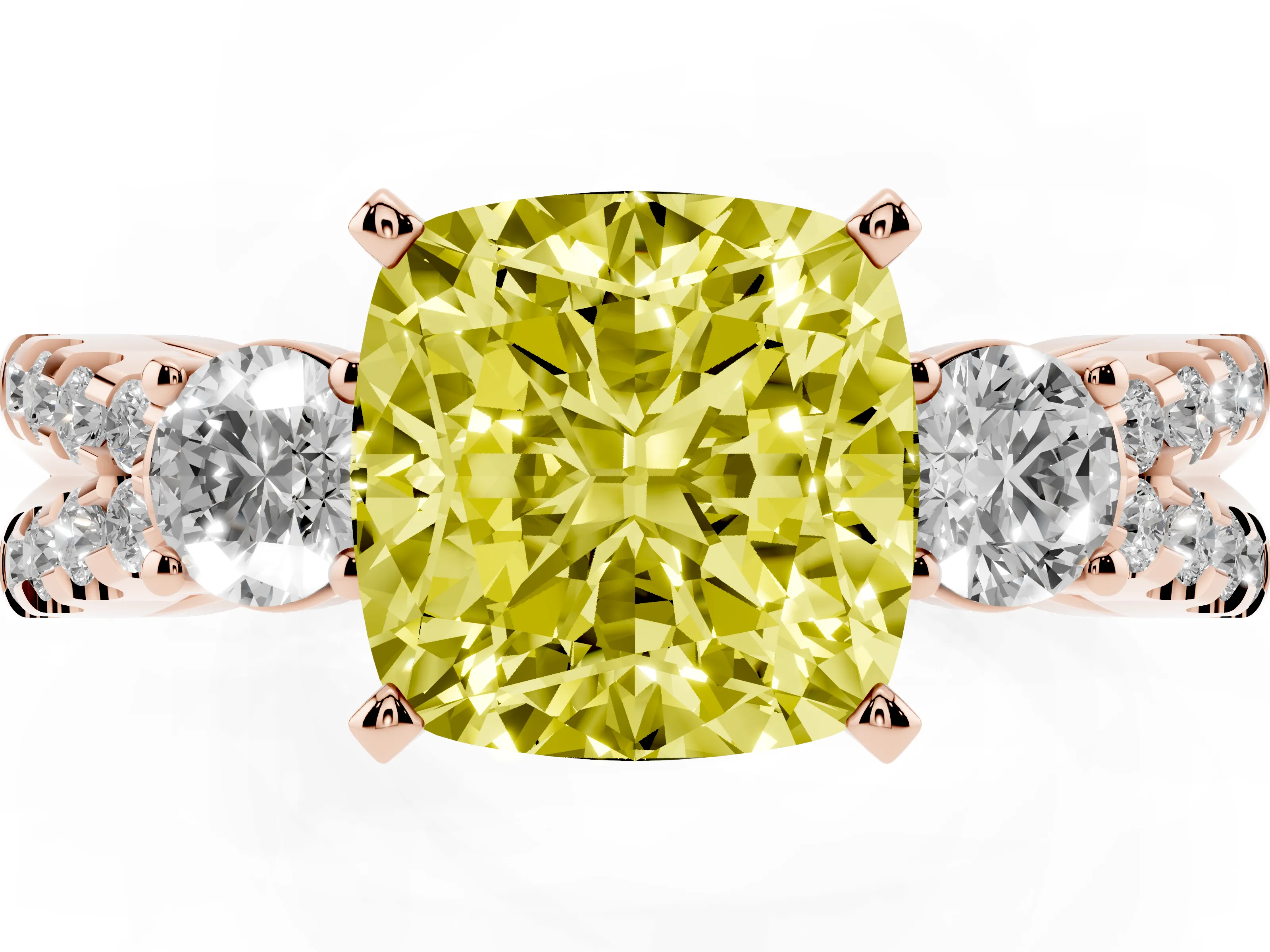 Fancy Yellow Cushion Cut Diamond Three-Stone Ring Set in Rose gold with Pavé Split Shank and Prong Setting