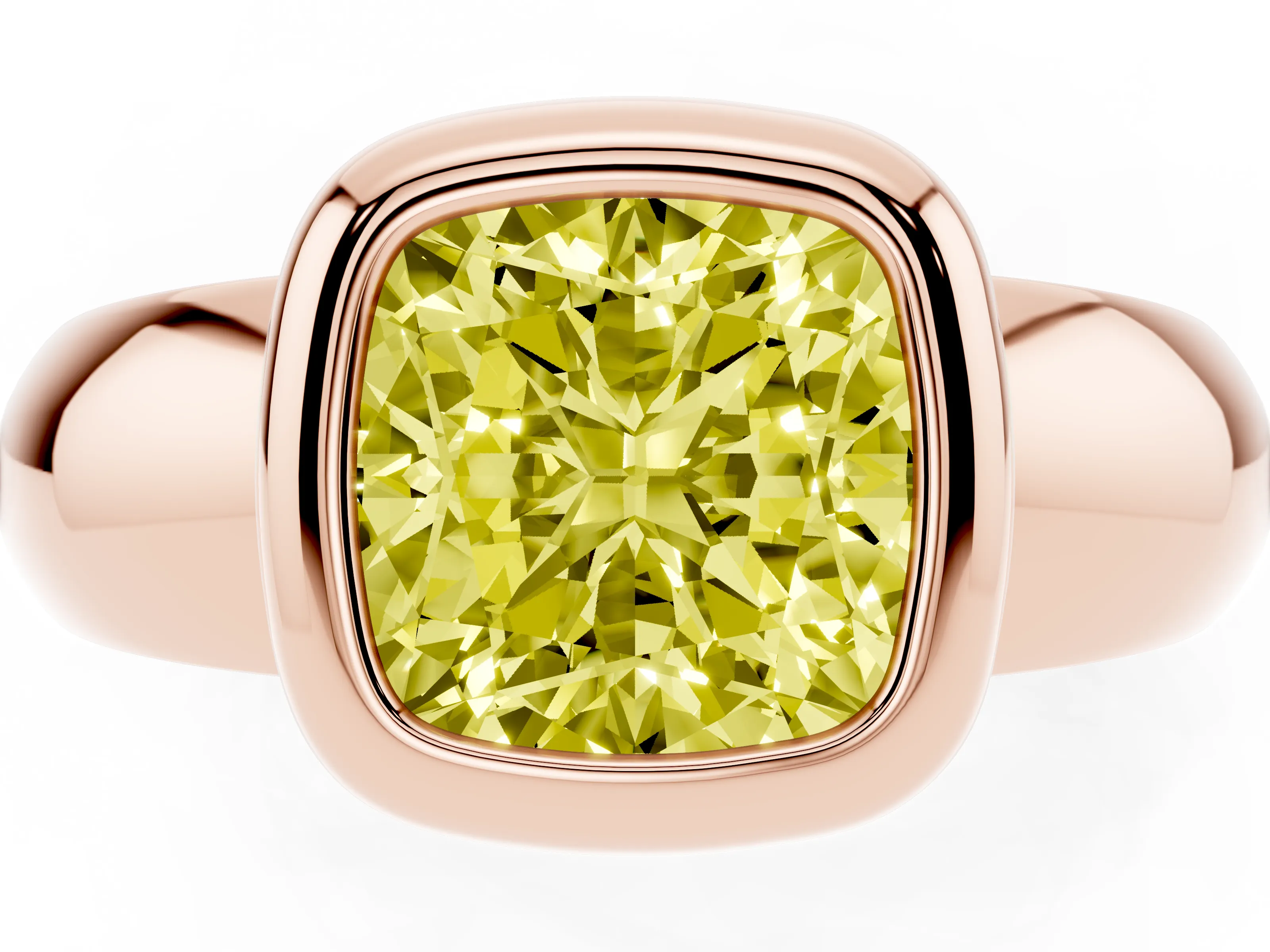 Fancy Yellow Bezel Set Cushion Cut Diamond Solitaire Ring Set in Rose gold with Wide Band