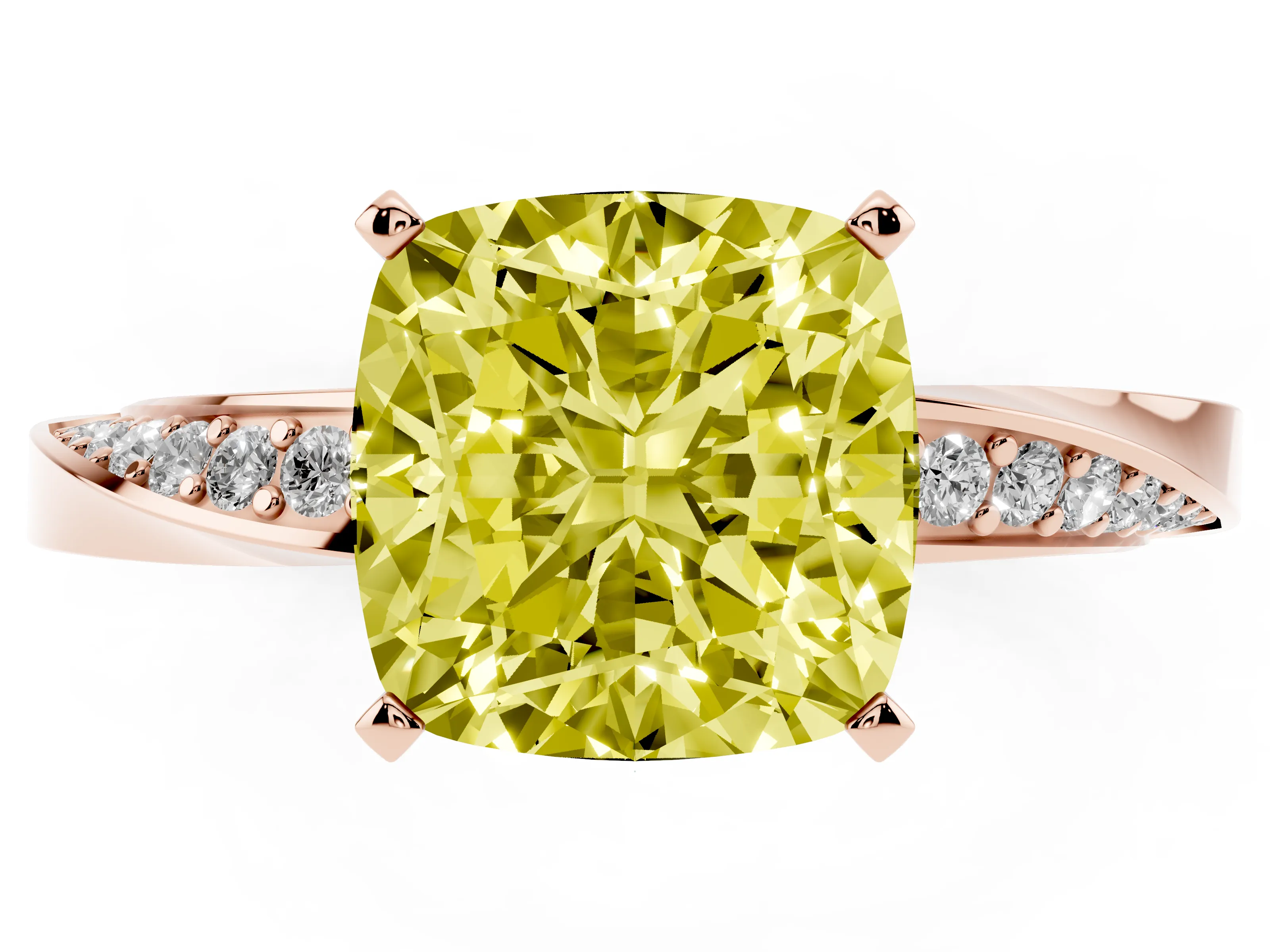 Fancy Yellow Cushion Cut Diamond Engagement Ring Set in Rose gold with Side Stone Accents and Prong Setting