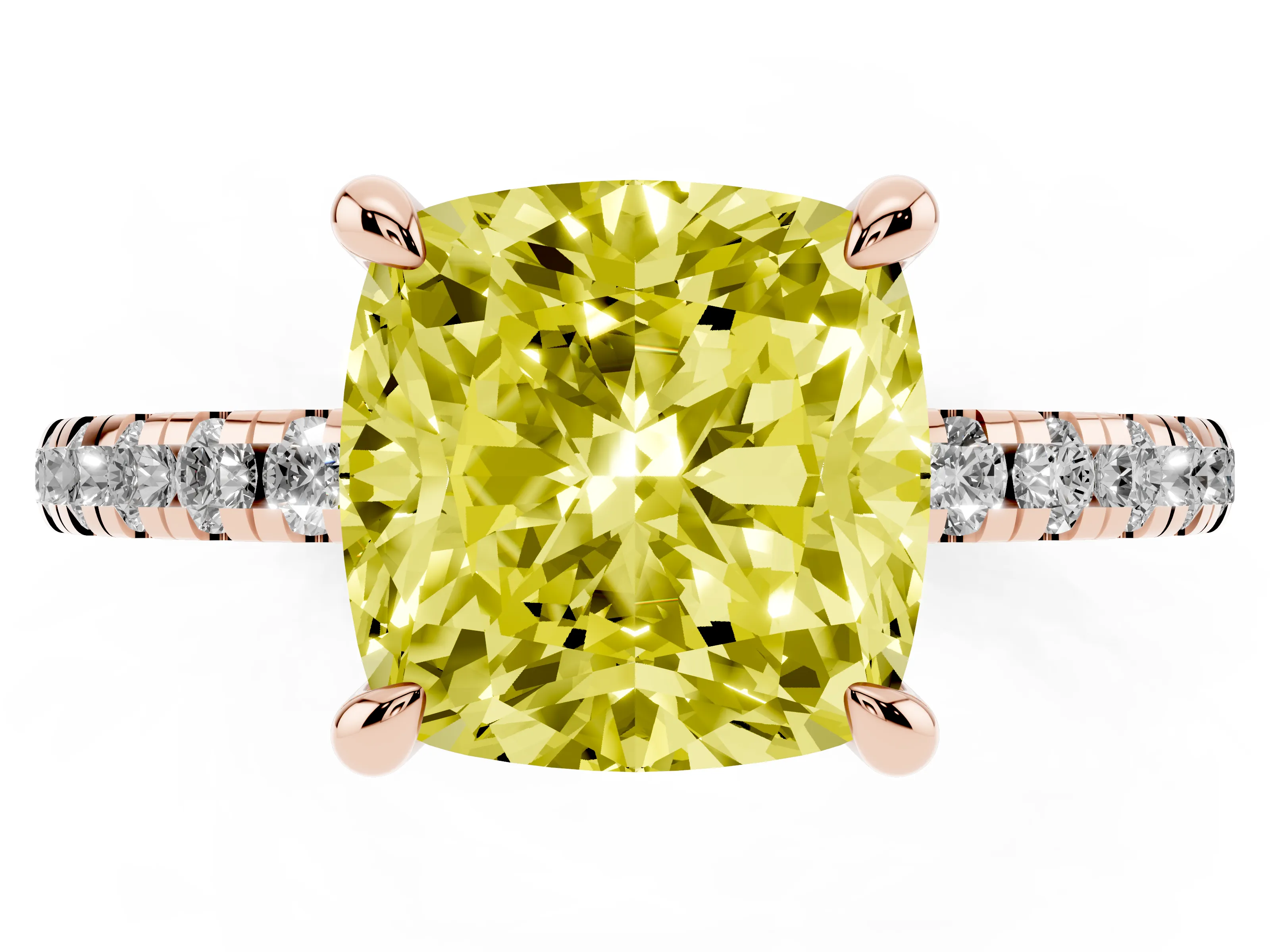 Fancy Yellow Cushion Cut Diamond Brilliant Solitaire Ring Set in Rose gold with Pavé Band and Prong Setting
