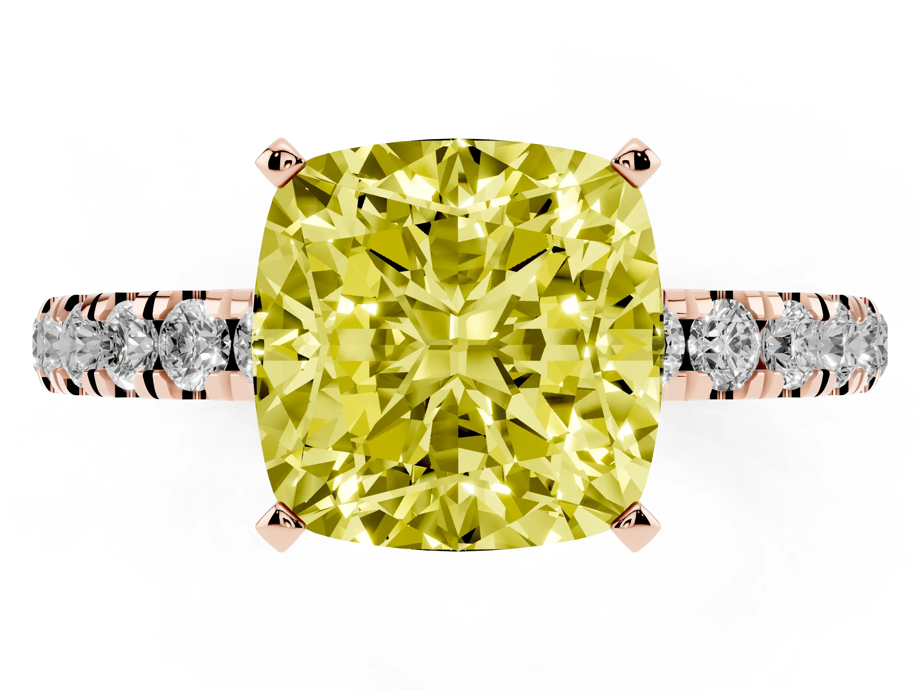 Fancy Yellow Cushion Cut Diamond Solitaire Ring Set in Rose gold with Pavé Accents and Prong Setting