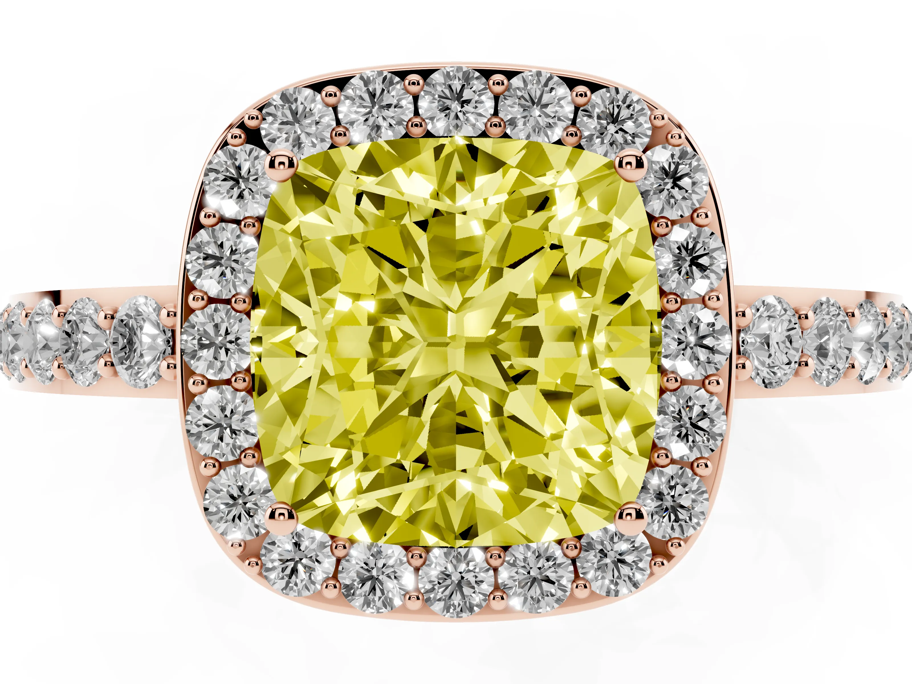 Fancy Yellow Cushion Cut Diamond Halo Ring Set in Rose gold with Pavé-Setting Band and Open Prong Center