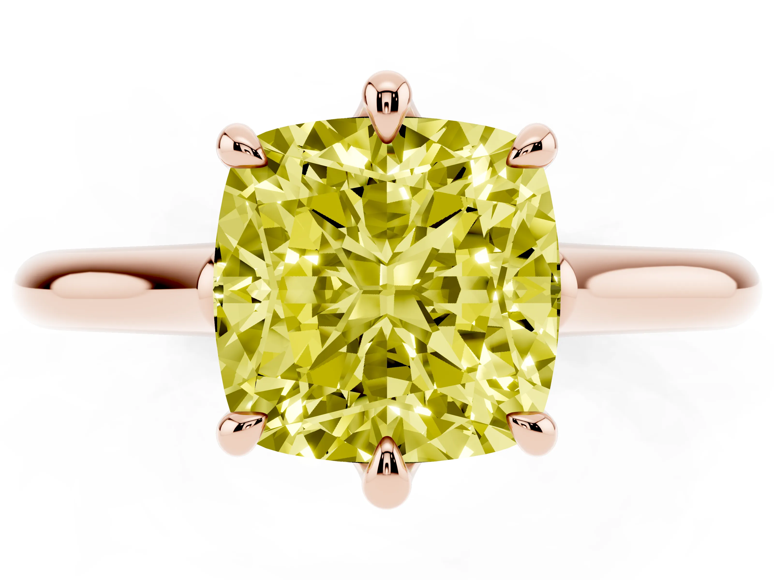 Fancy Yellow Cushion Cut Diamond Solitaire Engagement Ring Set in Rose gold with Prong Setting and Plain Classic Band
