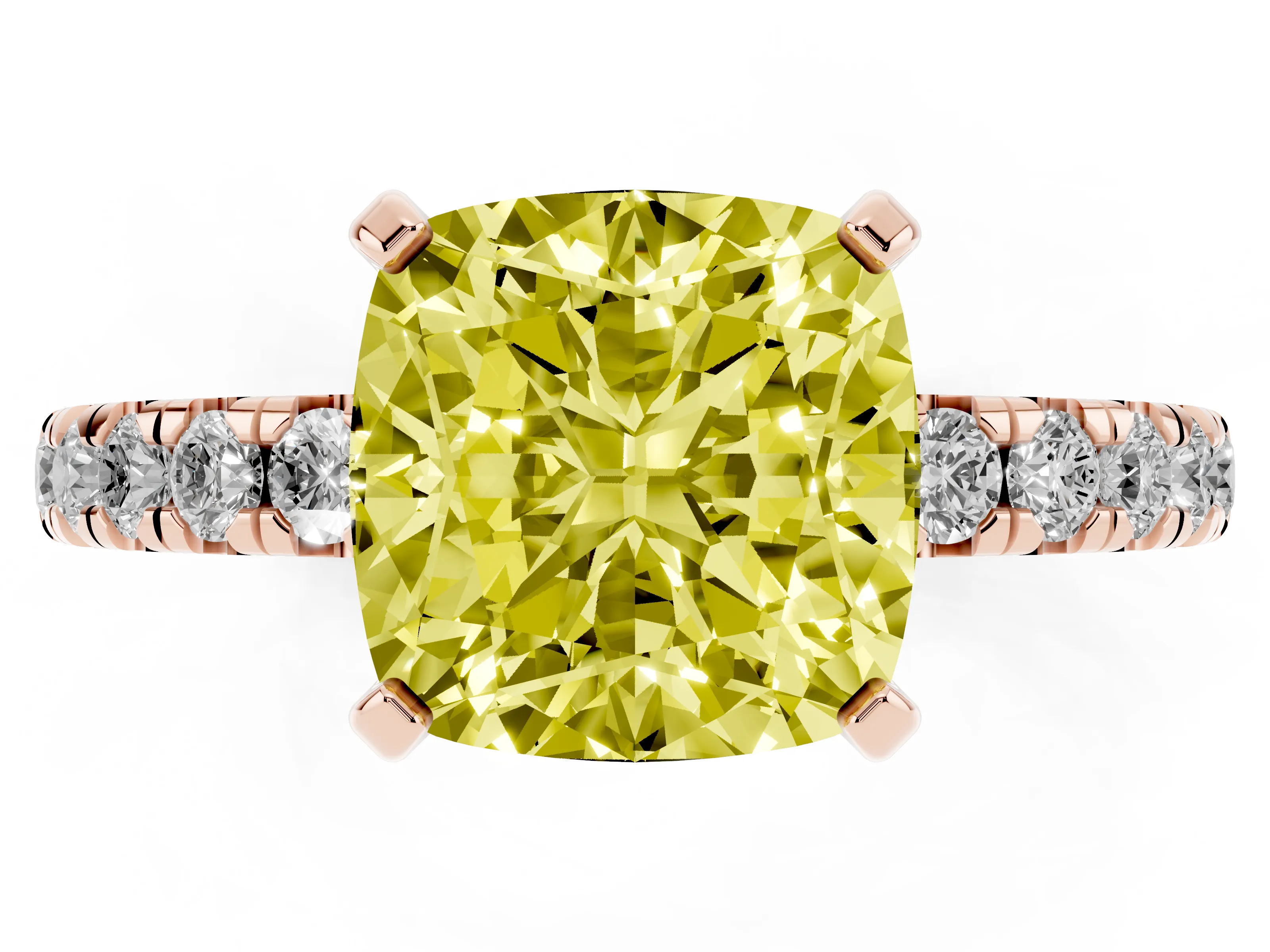 Fancy Yellow Cushion Cut Diamond Pavé Solitaire Ring Set in Rose gold with Round Band and Prong Setting