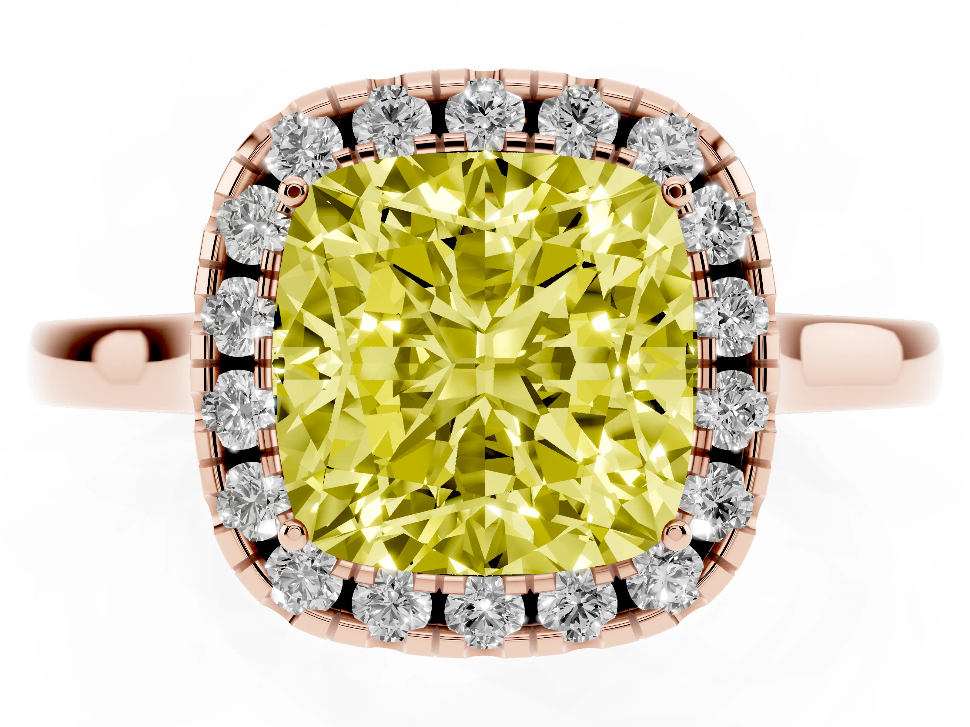 Fancy Yellow Cushion Cut Halo Round Diamond Solitaire Ring Set in Rose gold with Pavé Band and Prong Setting