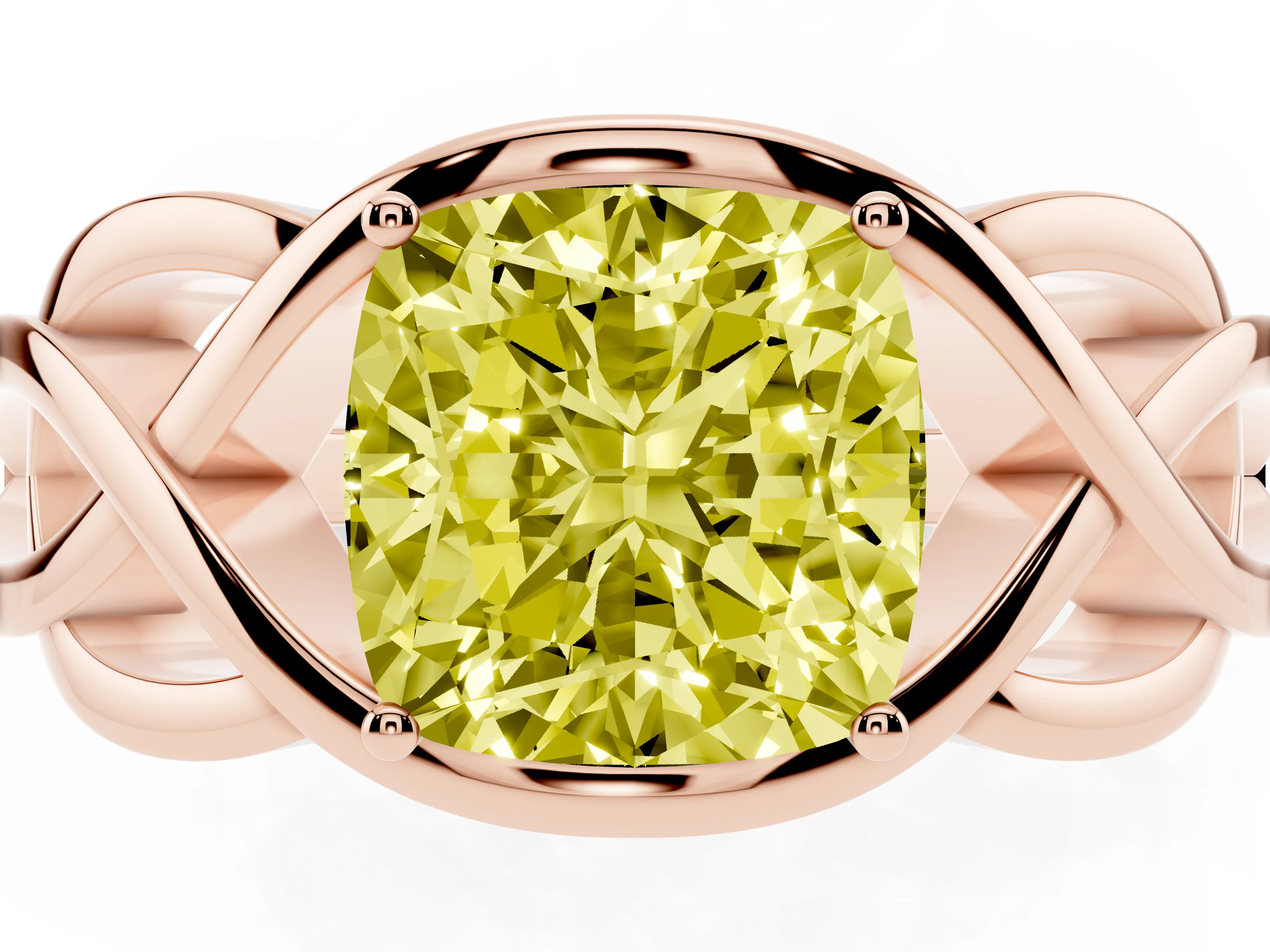 Fancy Yellow Cushion Cut Diamond Solitaire Ring Set in Rose gold with Intertwined Band