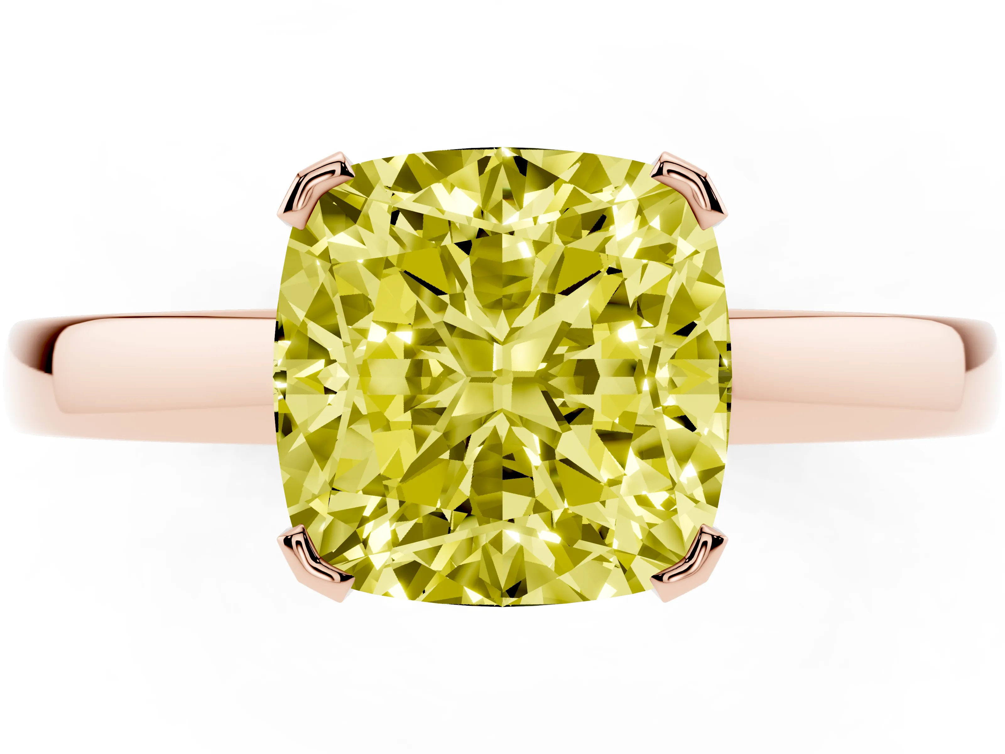 Fancy Yellow Cushion Cut Diamond Solitaire Ring Set in Rose gold with Prong Head and Smooth Polished Band