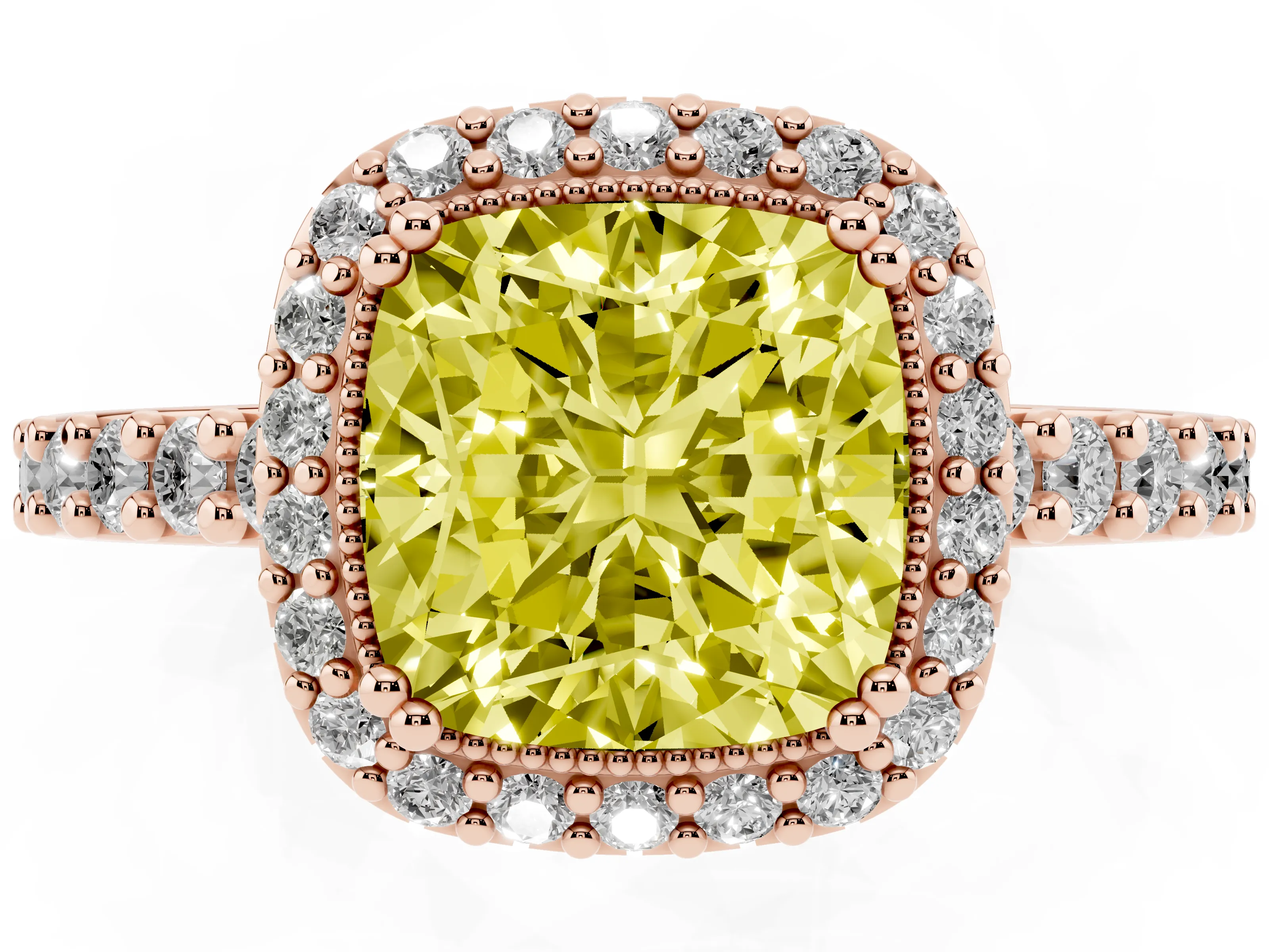 Fancy Yellow Cushion Cut Diamond Halo Engagement Ring Set in Rose gold with Milgrain Detail and Pavé Band