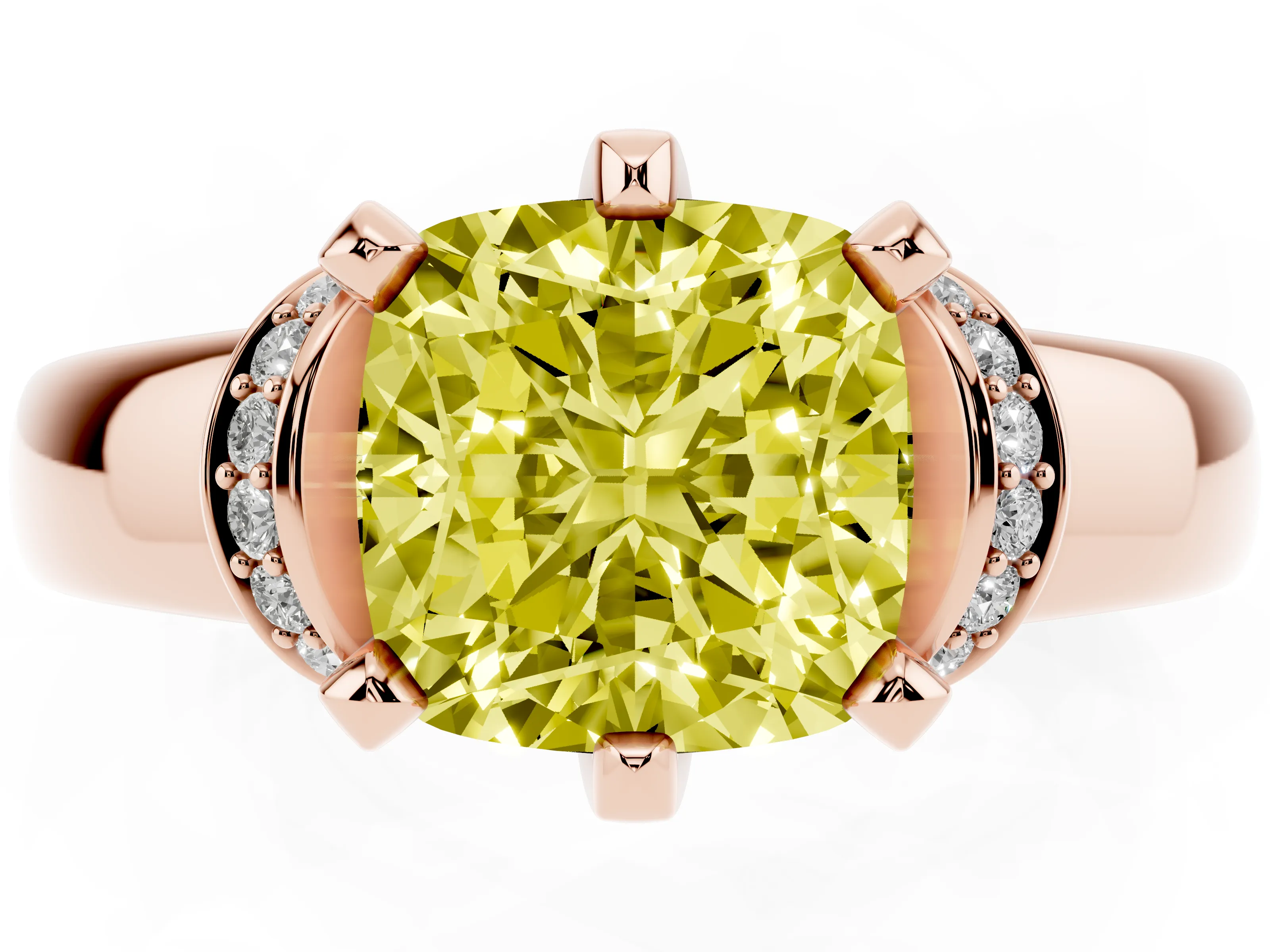 Fancy Yellow Cushion Cut Diamond Pavé Band Solitaire Ring Set in Rose gold with Prong Setting
