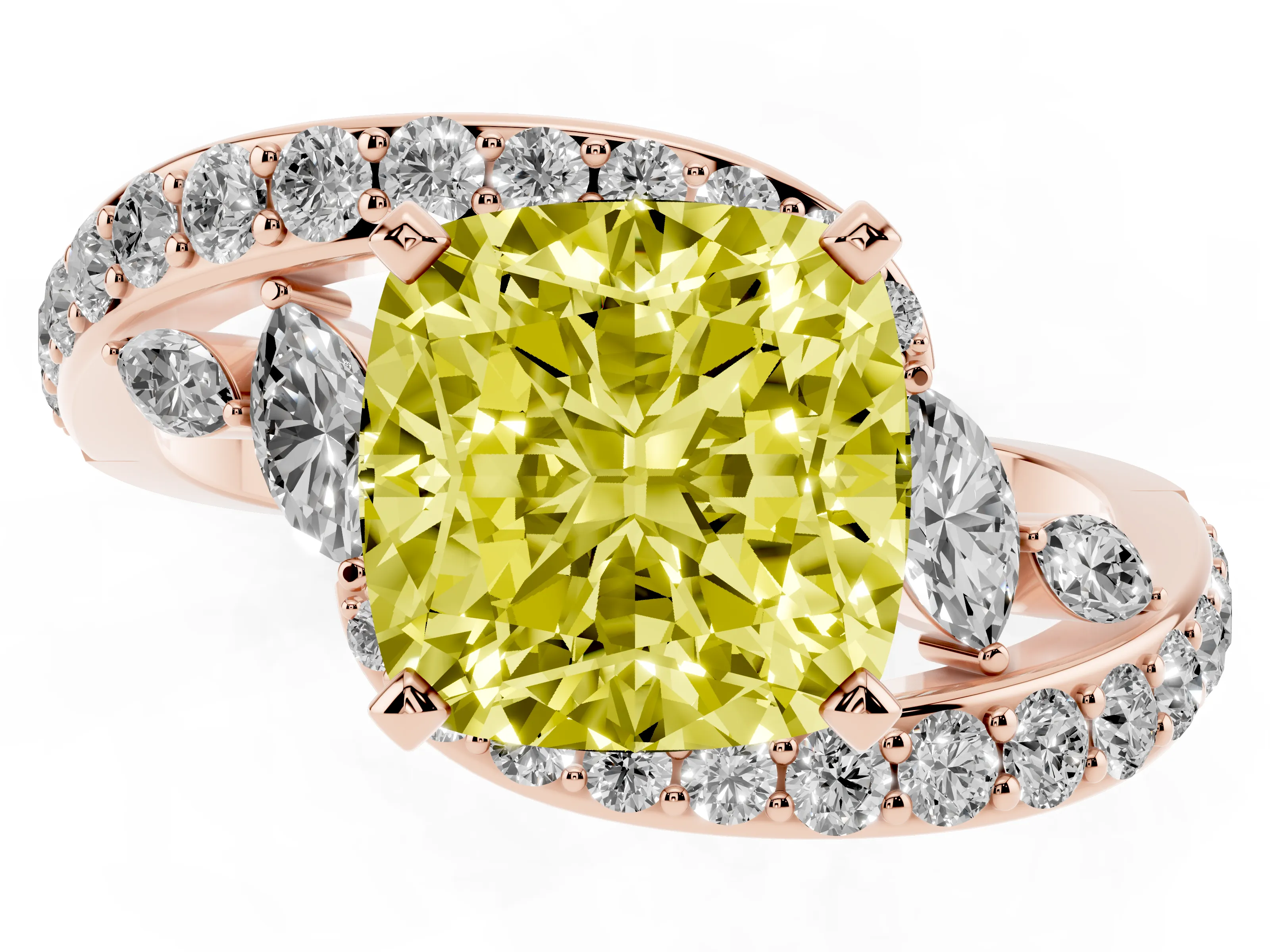 Fancy Yellow Cushion Cut Diamond Solitaire Ring Set in Rose gold with Pavé Twist Band and Secure Prong Setting