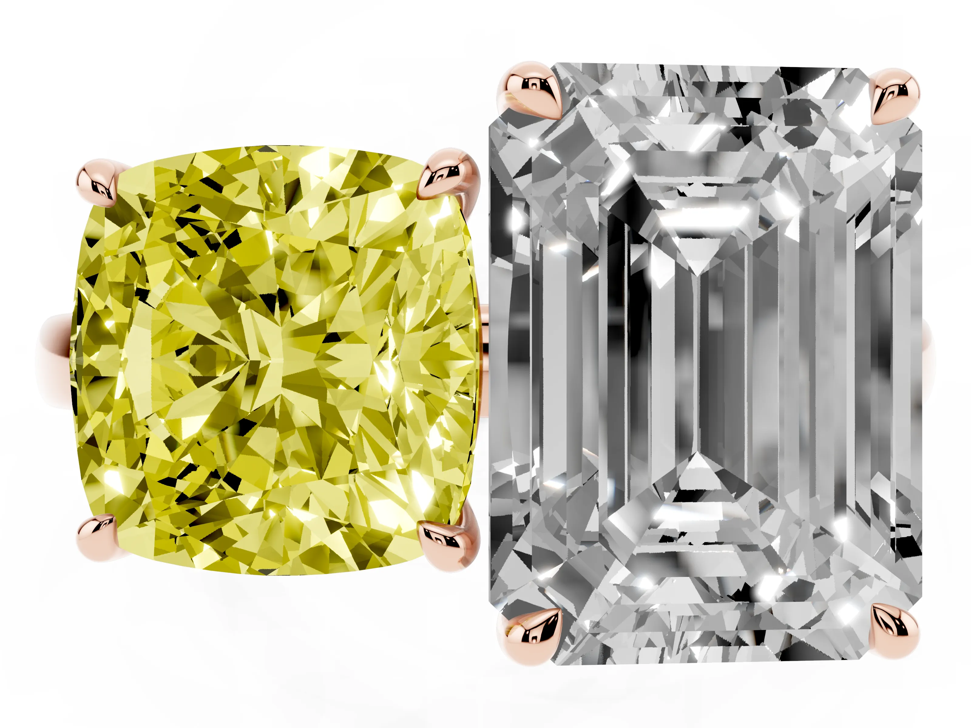 Fancy Yellow Cushion Cut and Emerald Cut Toi Moi Ring Set in Rose gold with Prong Setting