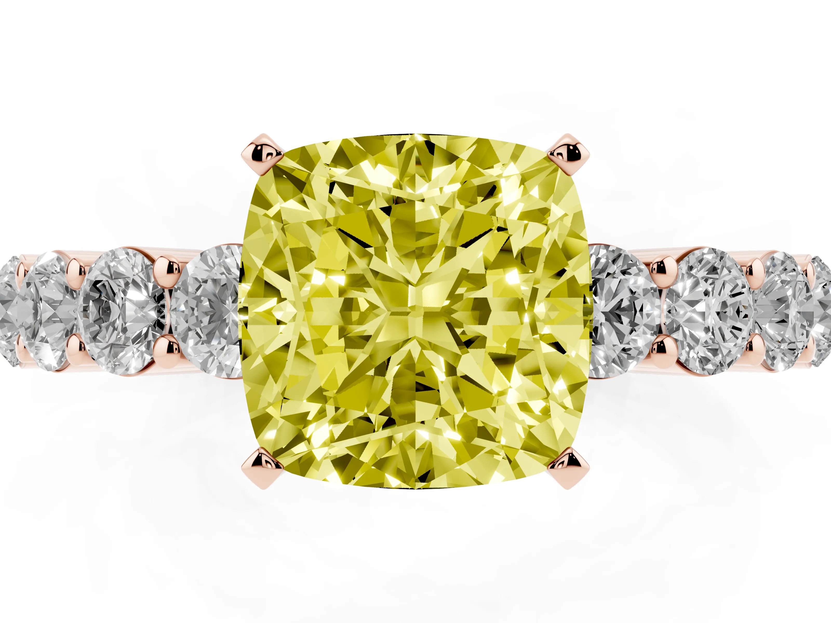 Fancy Yellow Cushion Cut Diamond Solitaire Ring Set in Rose gold with Shared Prong Round Side Stones