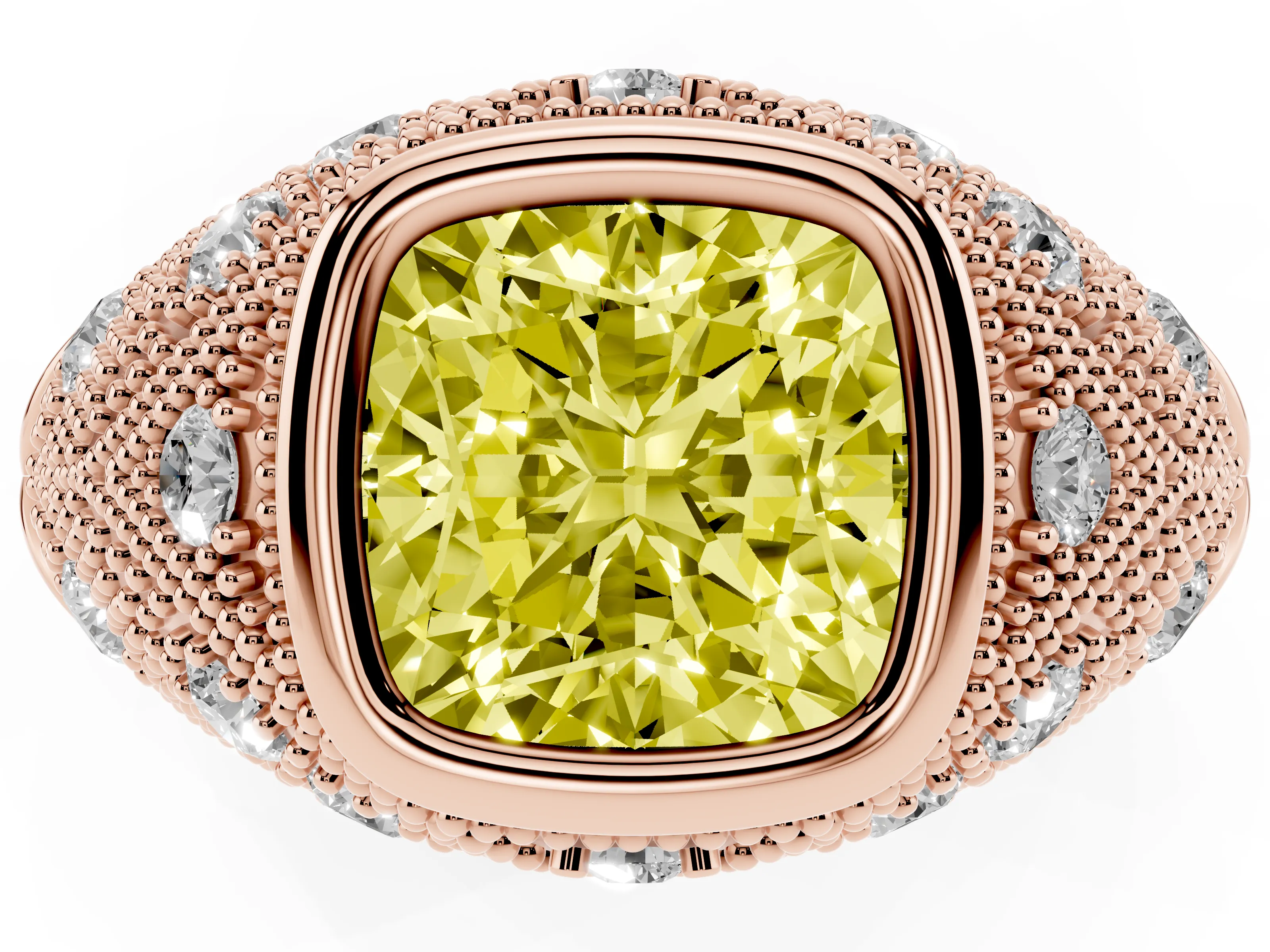Fancy Yellow Cushion Cut Diamond Bezel Ring Set in Rose gold with Milgrain Accent Band