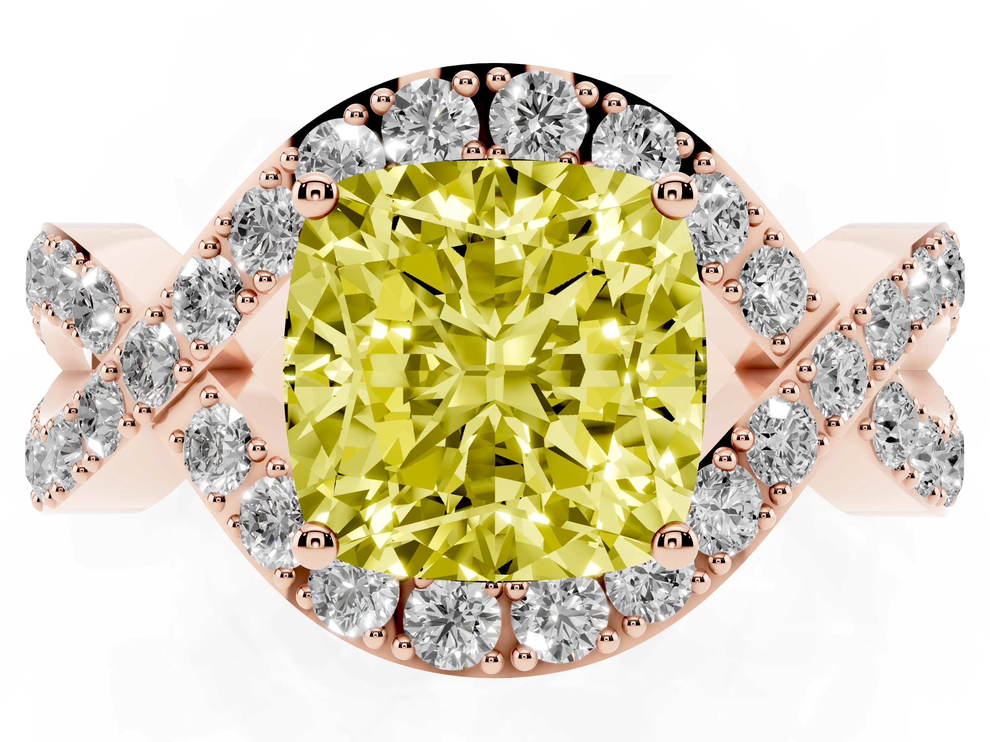 Fancy Yellow Cushion Cut Diamond Solitaire Twist Band Pavé Engagement Ring Set in Rose gold