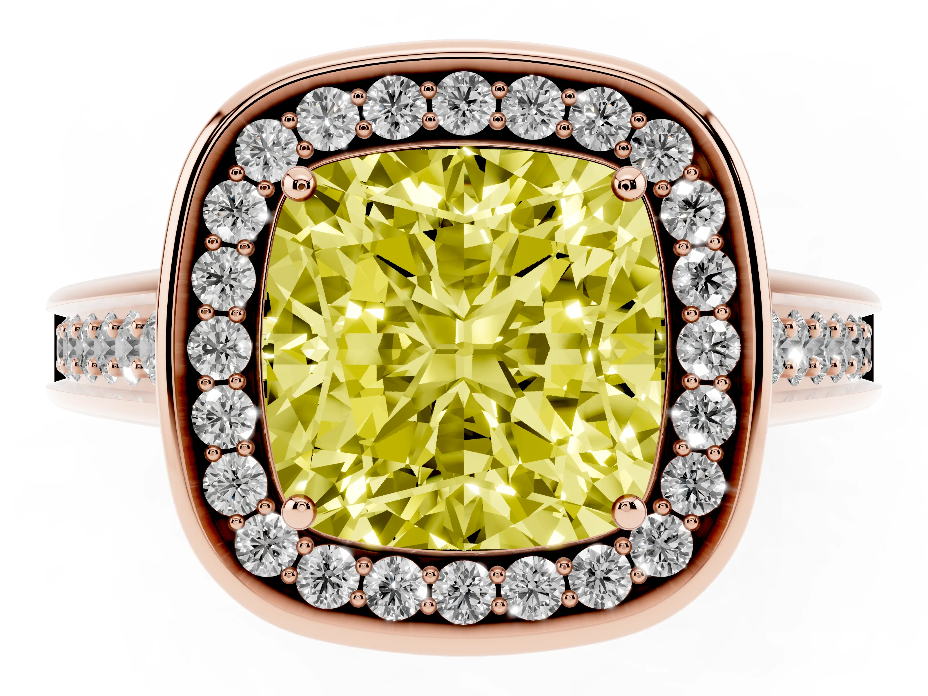 Fancy Yellow Cushion Cut Diamond Halo Solitaire Ring Set in Rose gold with Pavé Band and Bezel Setting