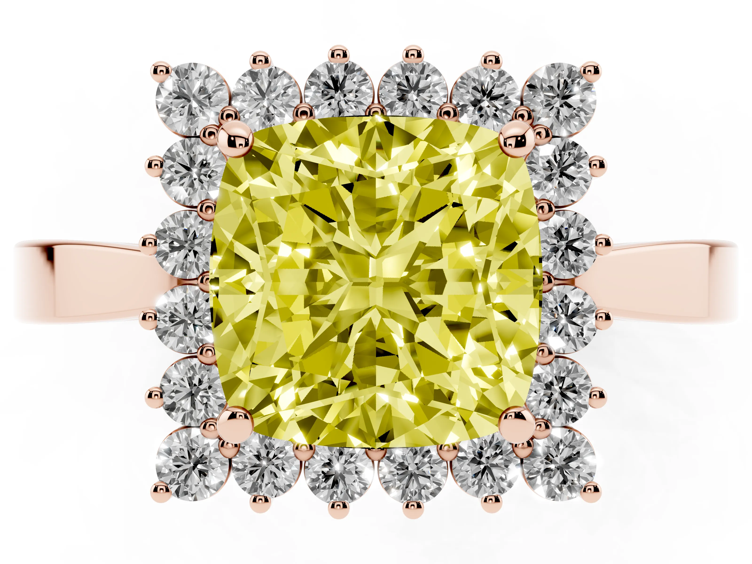 Fancy Yellow Cushion Cut Diamond Halo Ring Set in Rose gold with Round Halo and Smooth Solitaire Band