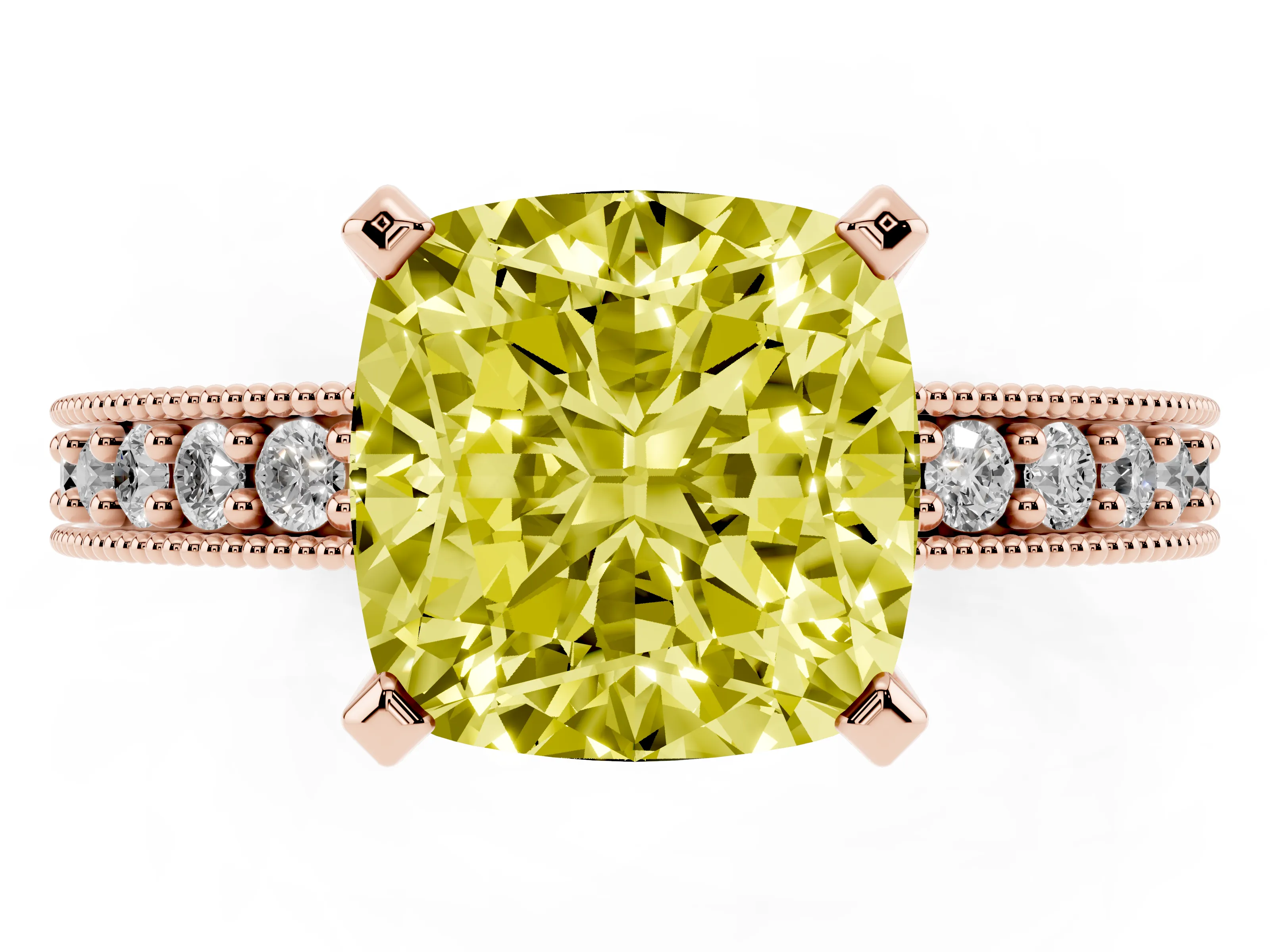 Fancy Yellow Cushion Cut Diamond Milgrain Pavé Engagement Ring Set in Rose gold with Prong Setting