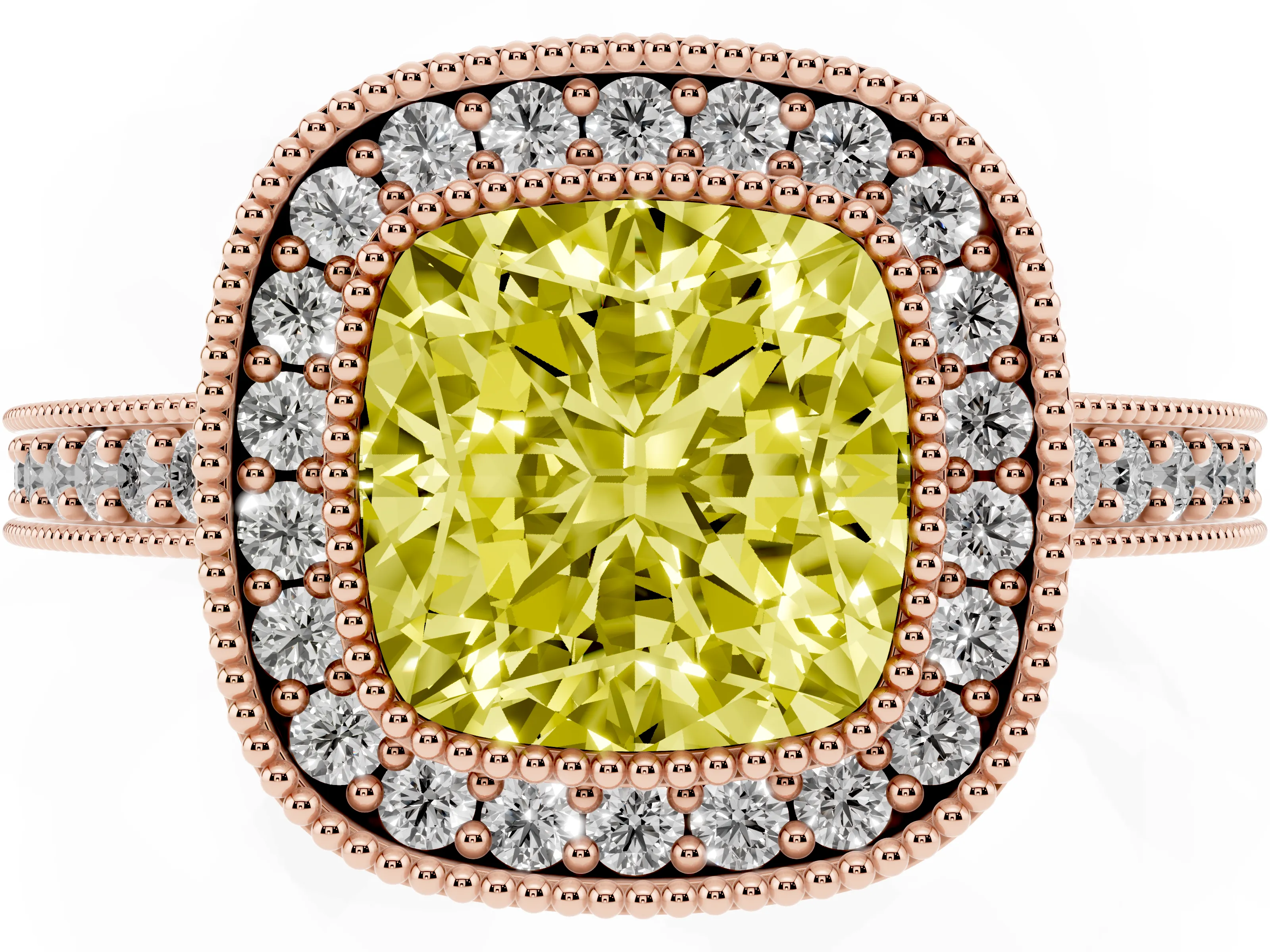 Fancy Yellow Cushion Cut Diamond Halo Engagement Ring Set in Rose gold with Pavé Band and Round Halo Stones
