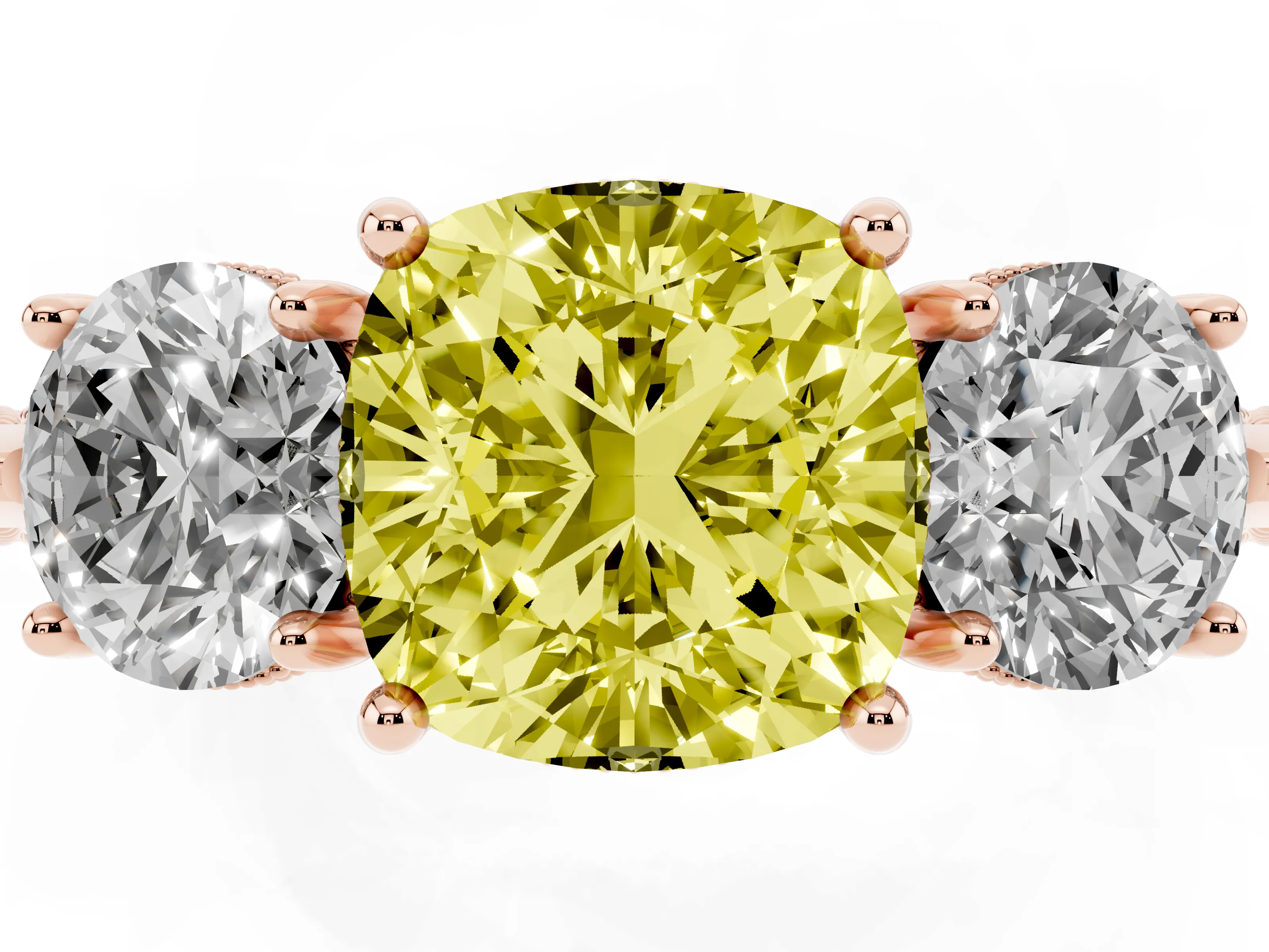Fancy Yellow Cushion Cut Diamond Three-Stone Ring Set in Rose gold with Milgrain Band