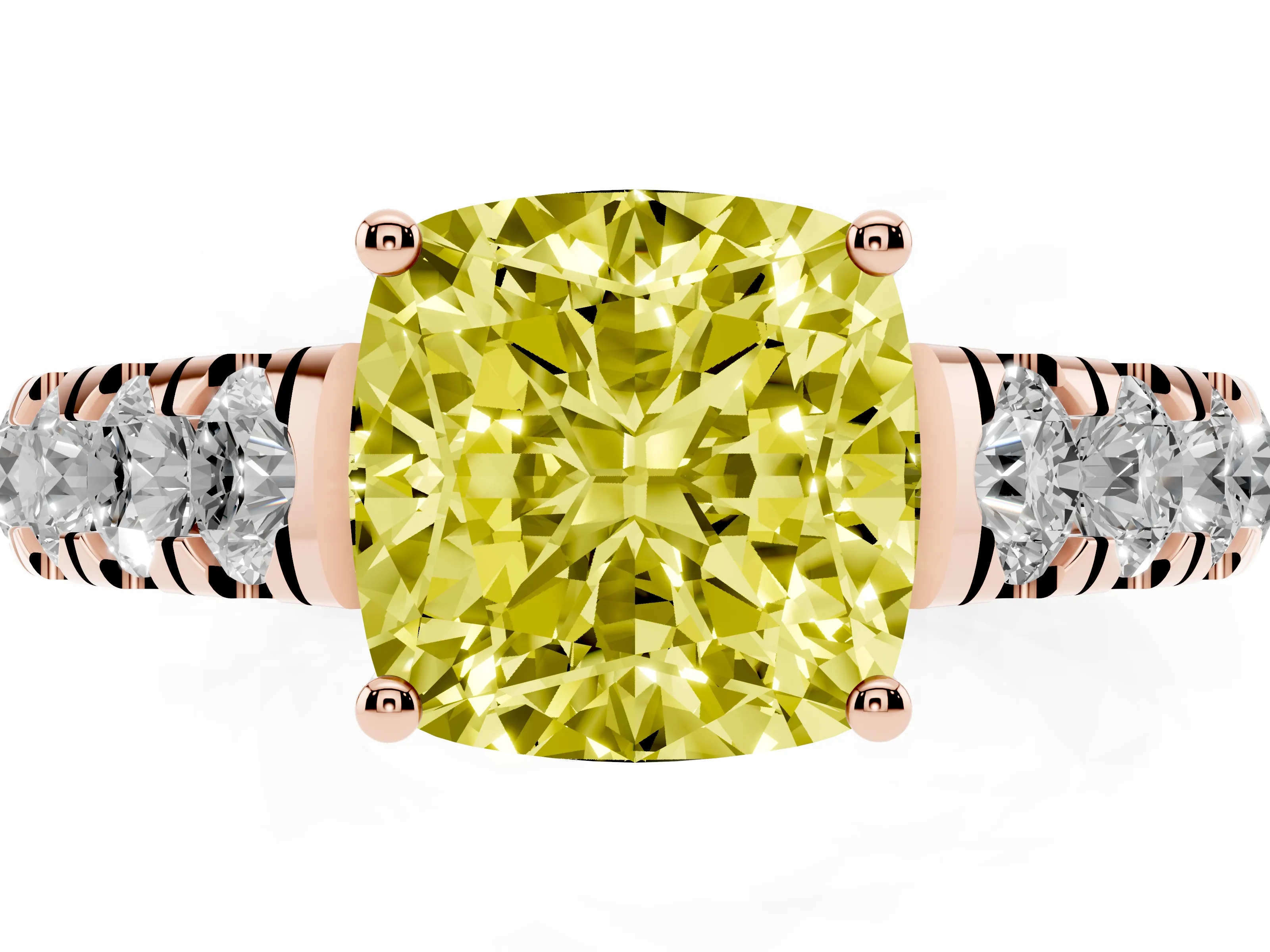 Fancy Yellow Cushion Cut Diamond Solitaire Ring Set in Rose gold with Cut-Down Micro Pavé Band and Prong Setting