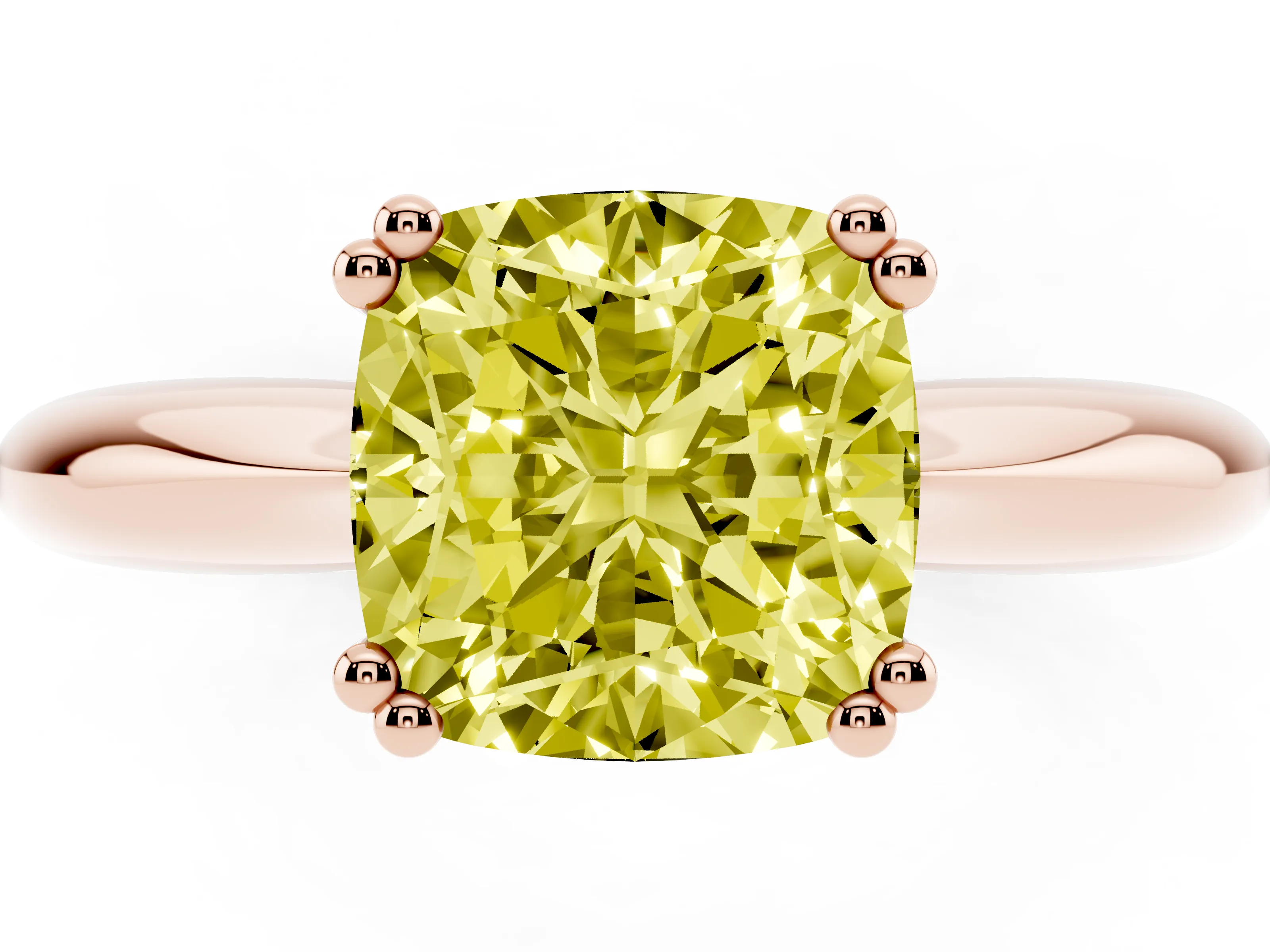 Fancy Yellow Cushion Cut Diamond Solitaire Engagement Ring Set in Rose gold with Tapered Band and Prong Setting