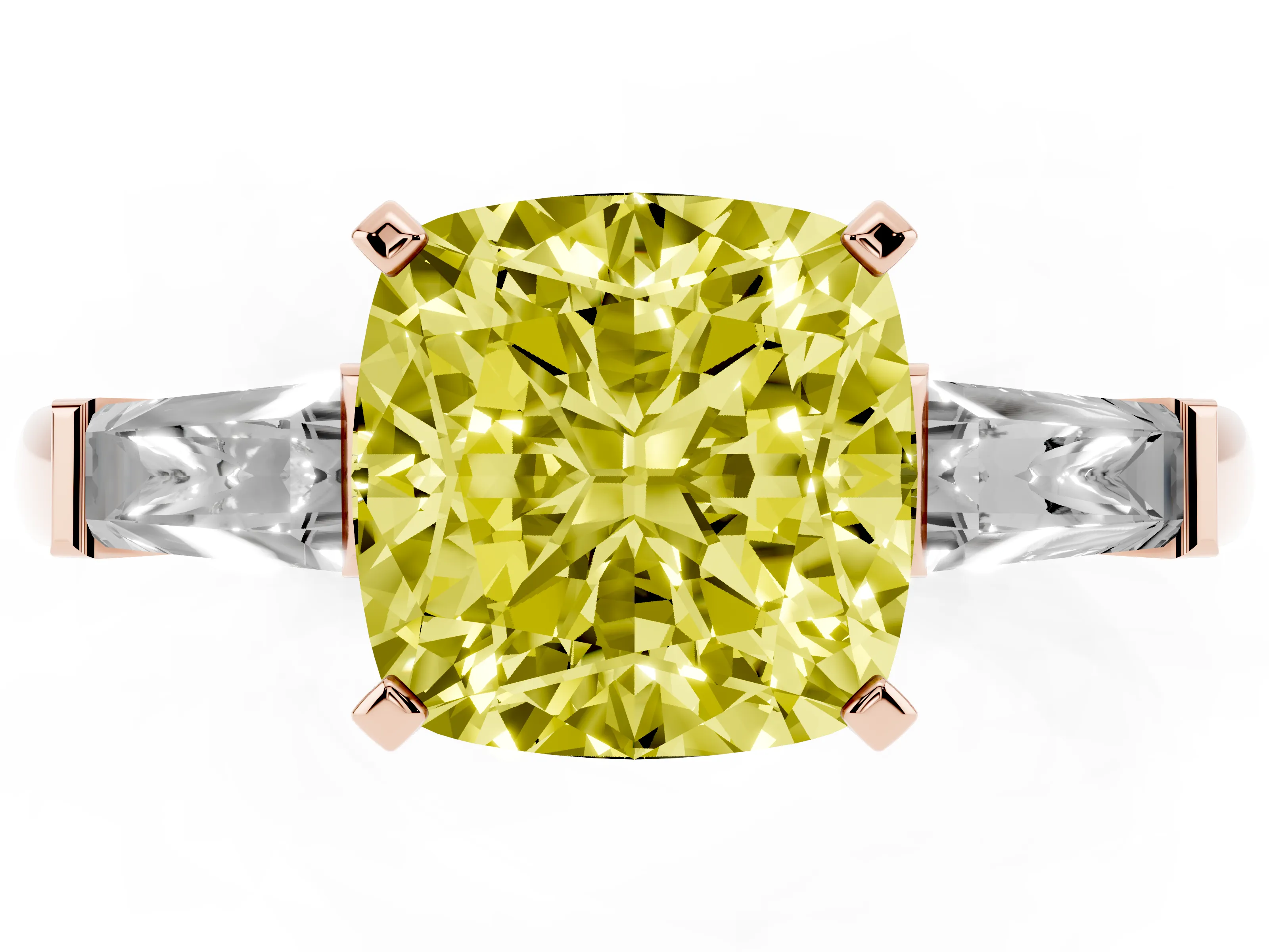 Fancy Yellow Cushion Cut Diamond Solitaire Ring Set in Rose gold with Tapered Baguette Side Stones and Prong Setting