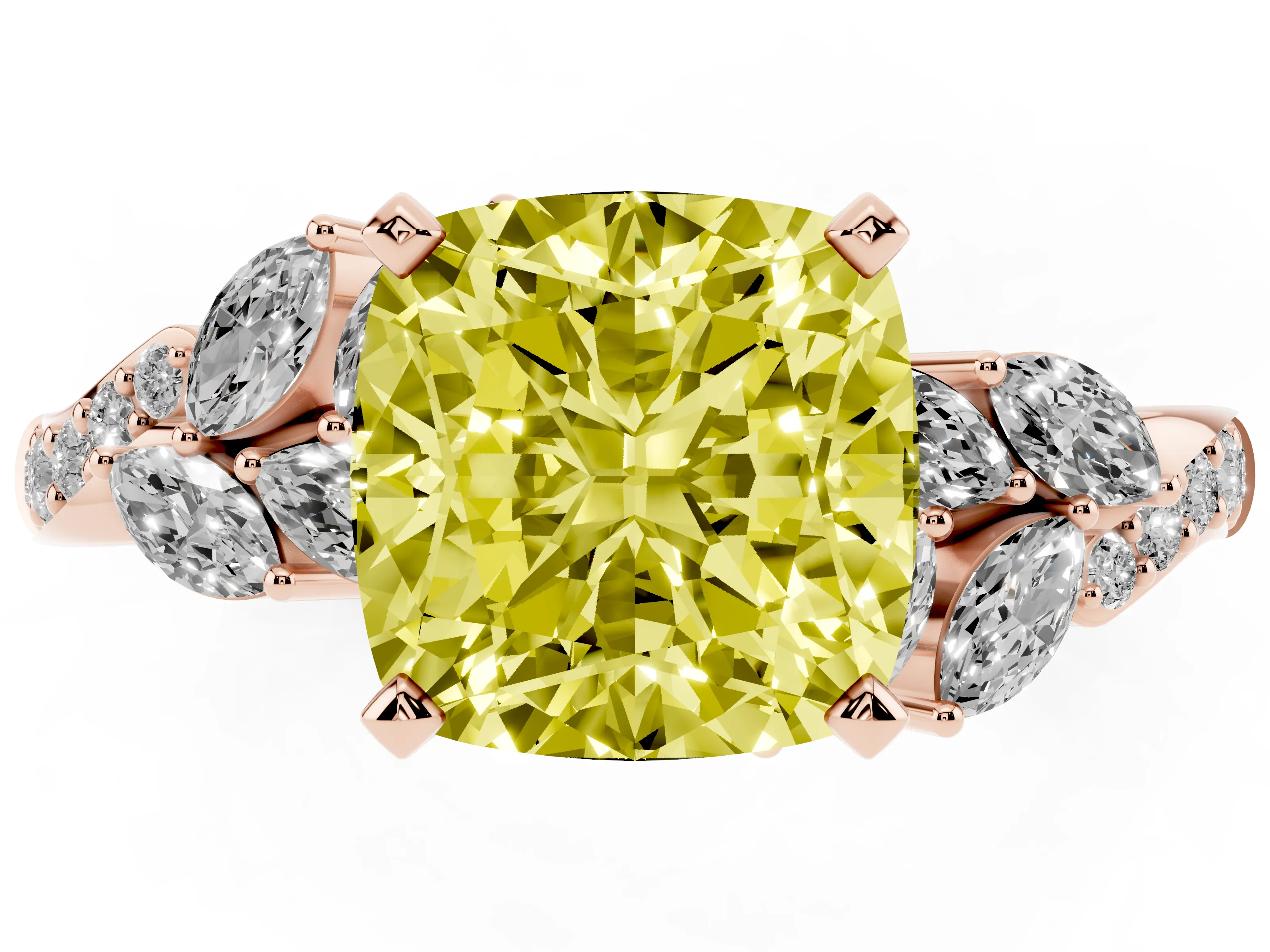 Fancy Yellow Cushion Cut Diamond Solitaire Ring Set in Rose gold with Marquise Twist Band and Prong Setting