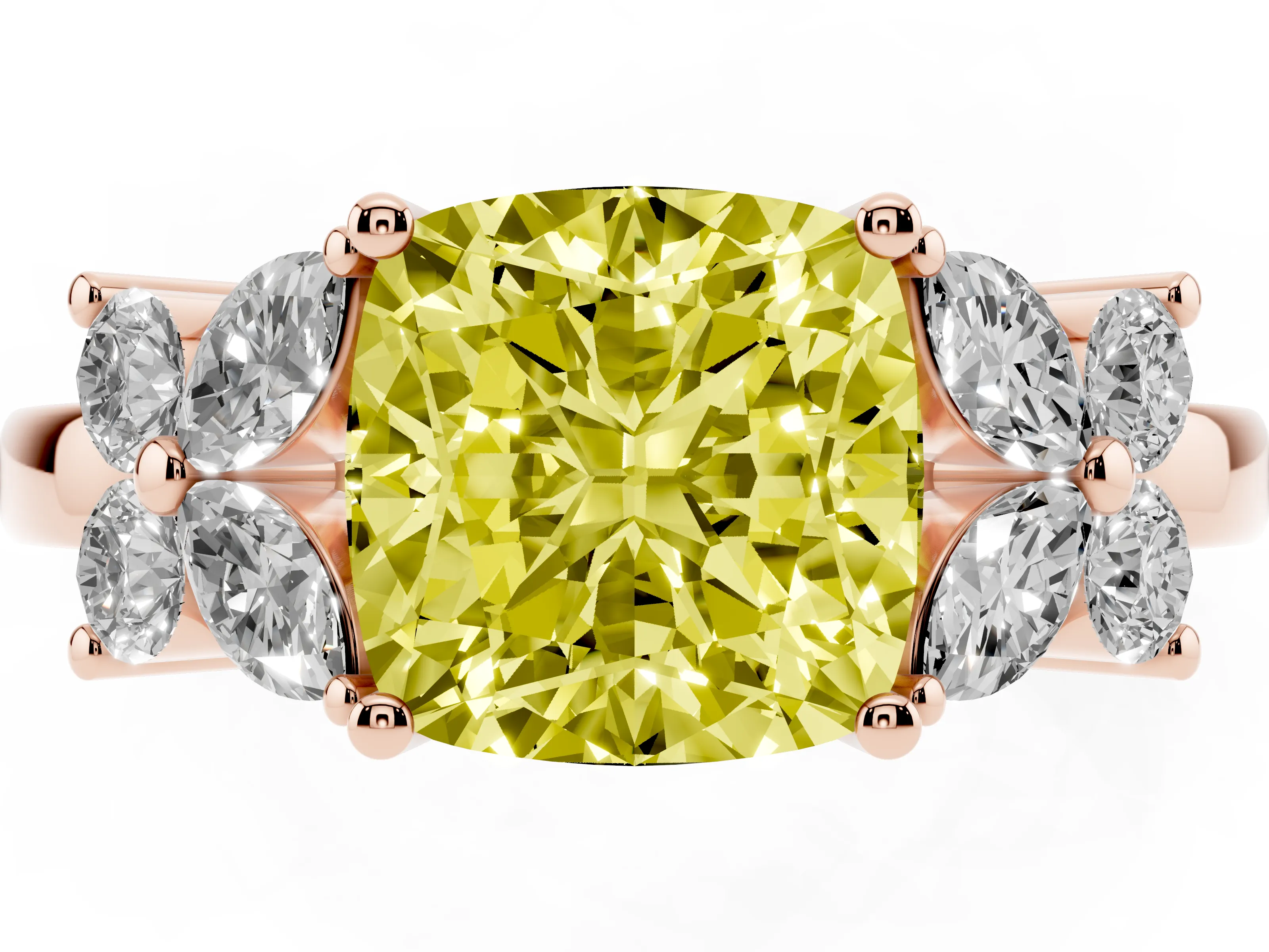 Fancy Yellow Cushion Cut Diamond Floral Cluster Ring Set in Rose gold with Marquise Petals and Prong Setting