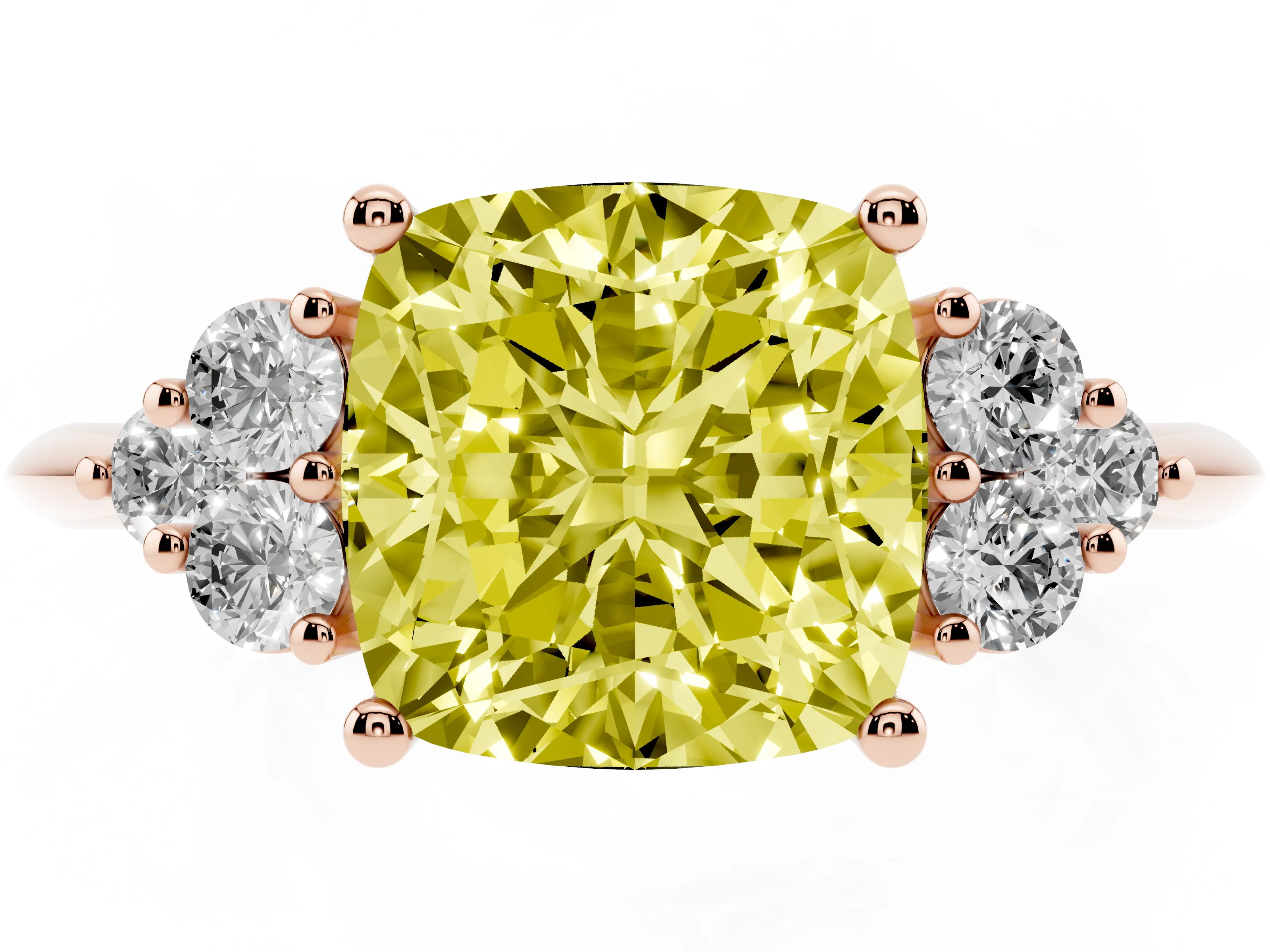 Fancy Yellow Cushion Cut Diamond Cluster Ring Set in Rose gold with Plain Band and Prong Setting