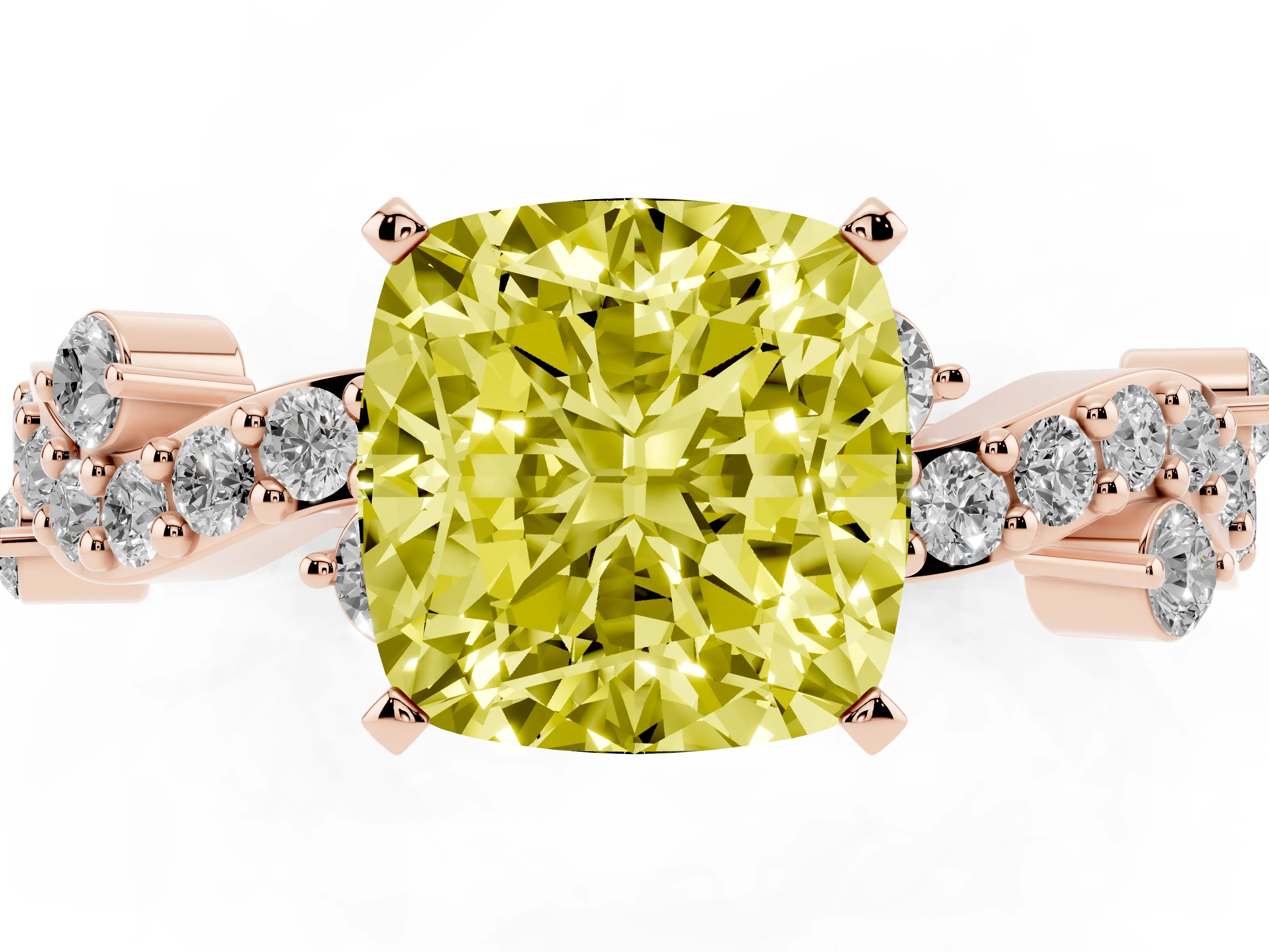 Fancy Yellow Cushion Cut Diamond Solitaire Twisted Band Set in Rose gold with Pavé Setting
