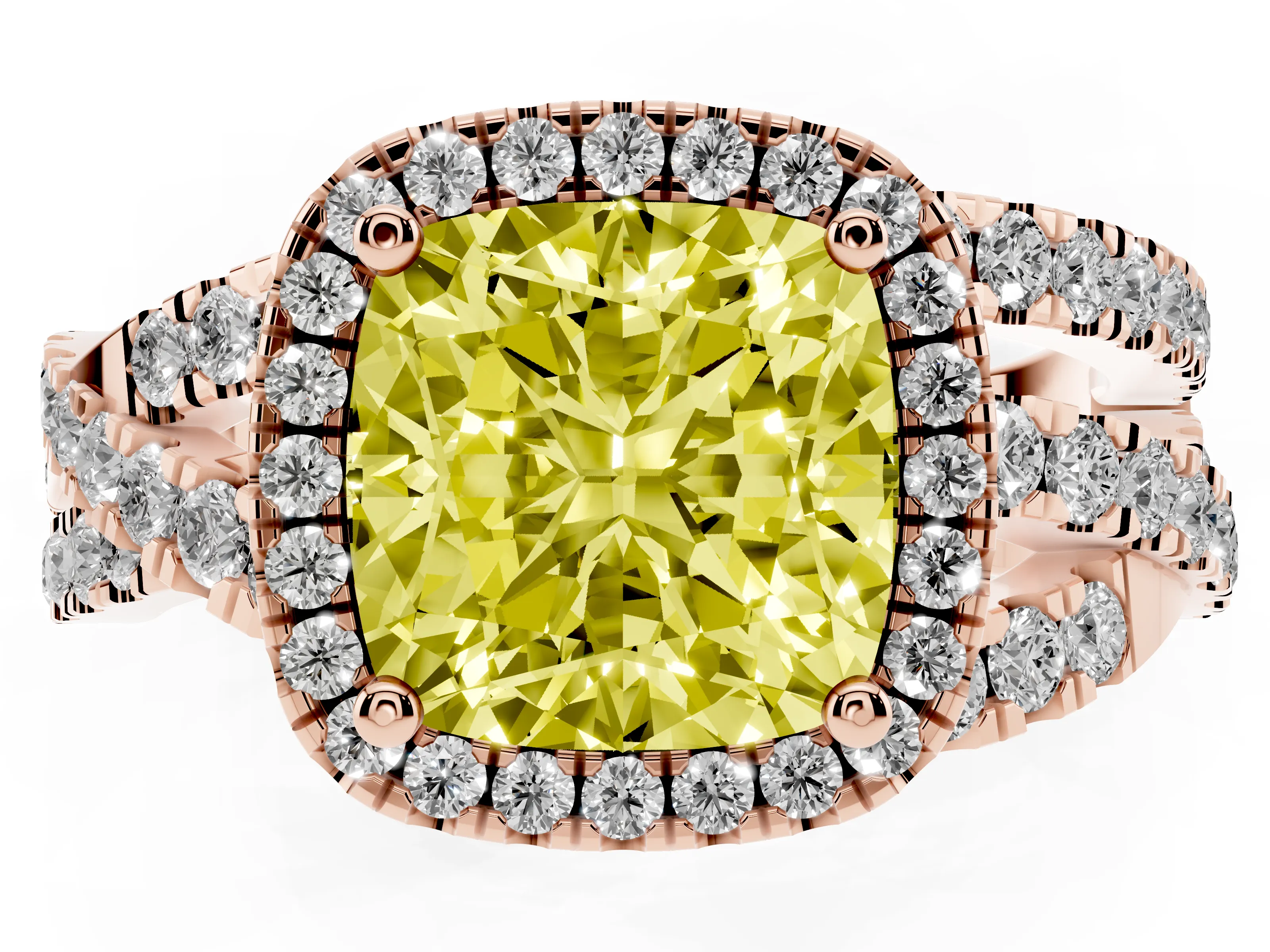 Fancy Yellow Cushion Cut Diamond Halo Ring Set in Rose gold with Round Crossover Split Shank and Prong Setting