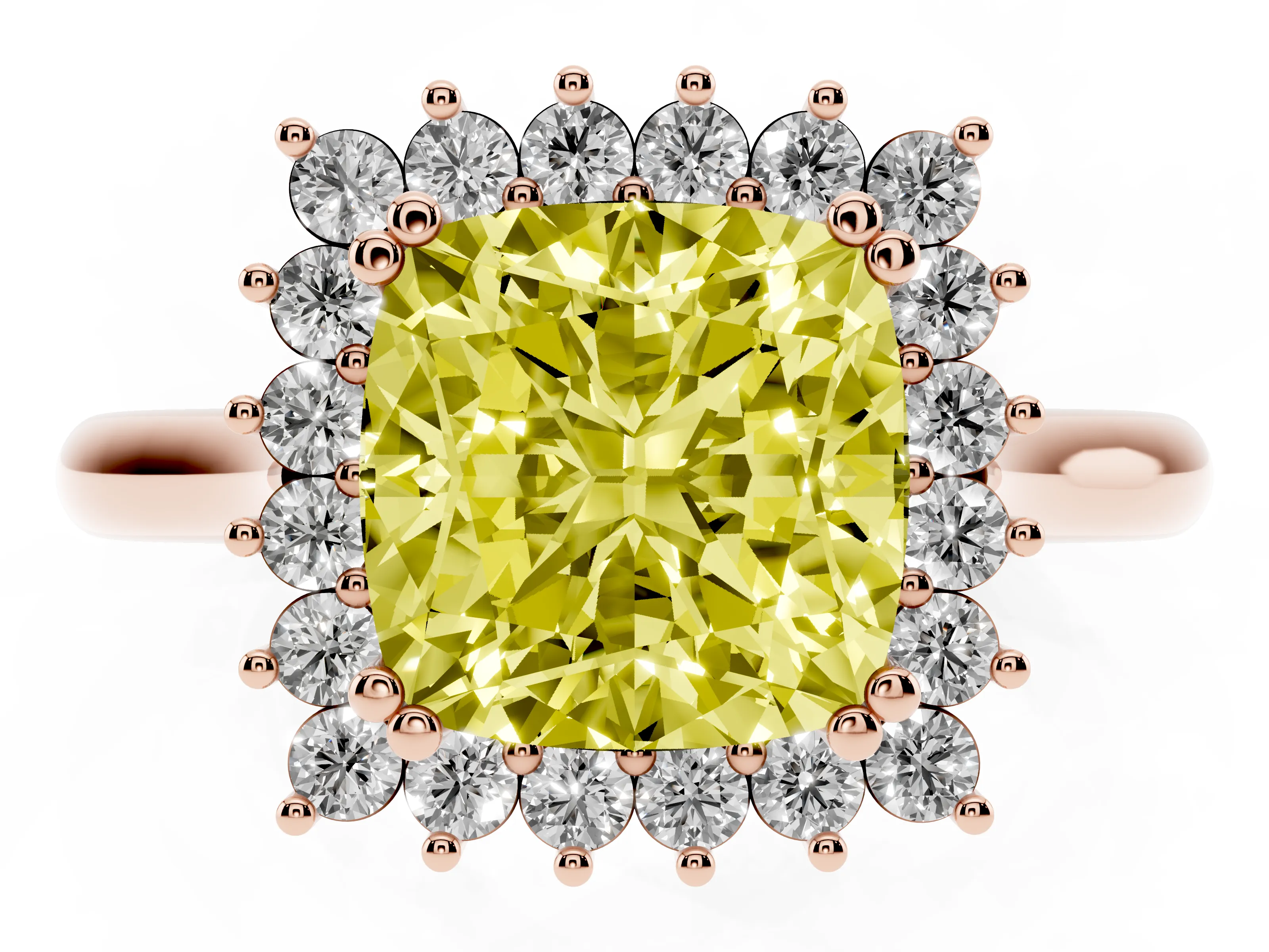 Fancy Yellow Cushion Cut Diamond Halo Ring Set in Rose gold with Plain Solitaire Band and Prong Setting