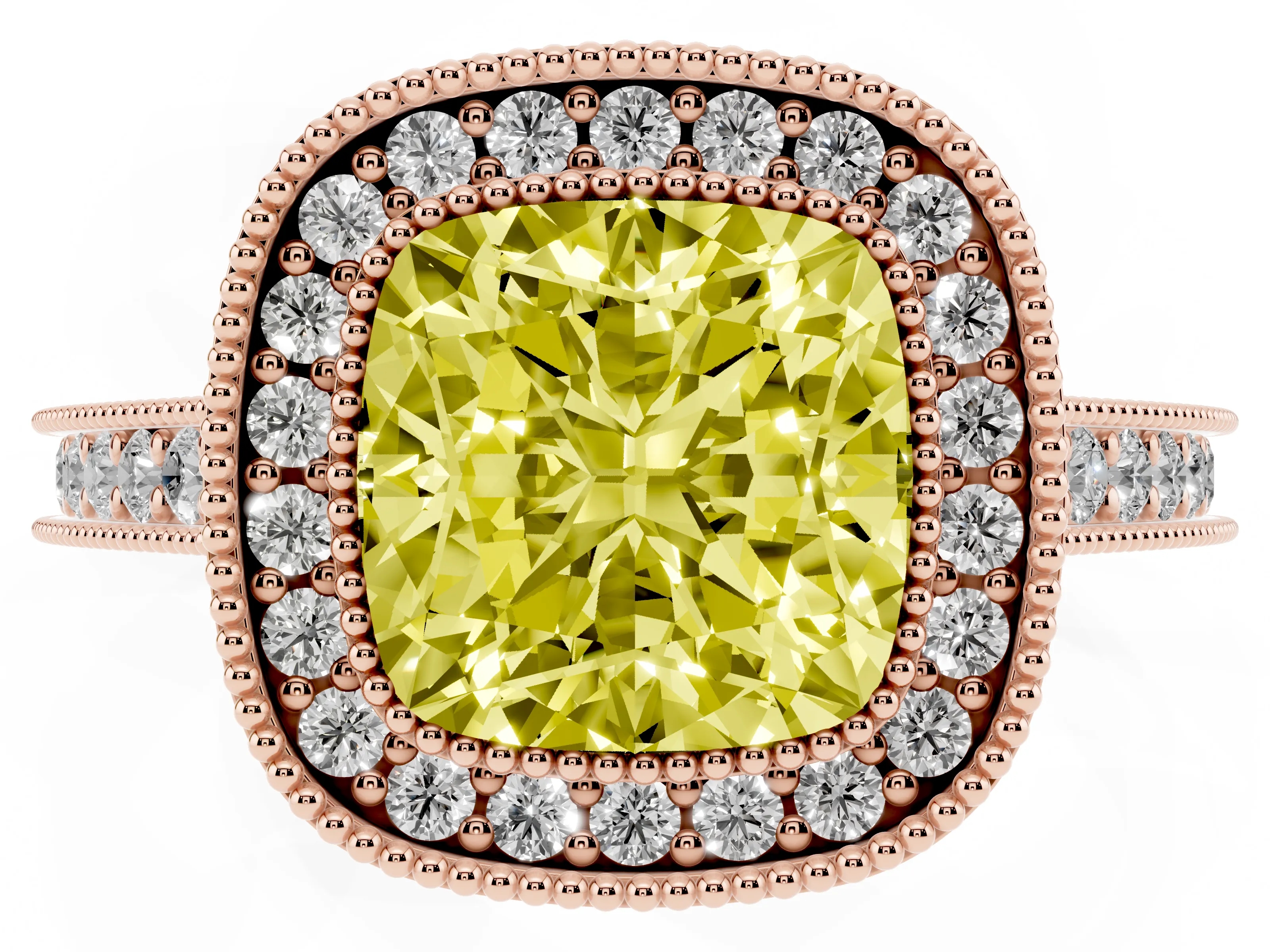 Fancy Yellow Cushion Cut Diamond Halo Milgrain Pavé Band Ring Set in Rose gold with Prong Setting