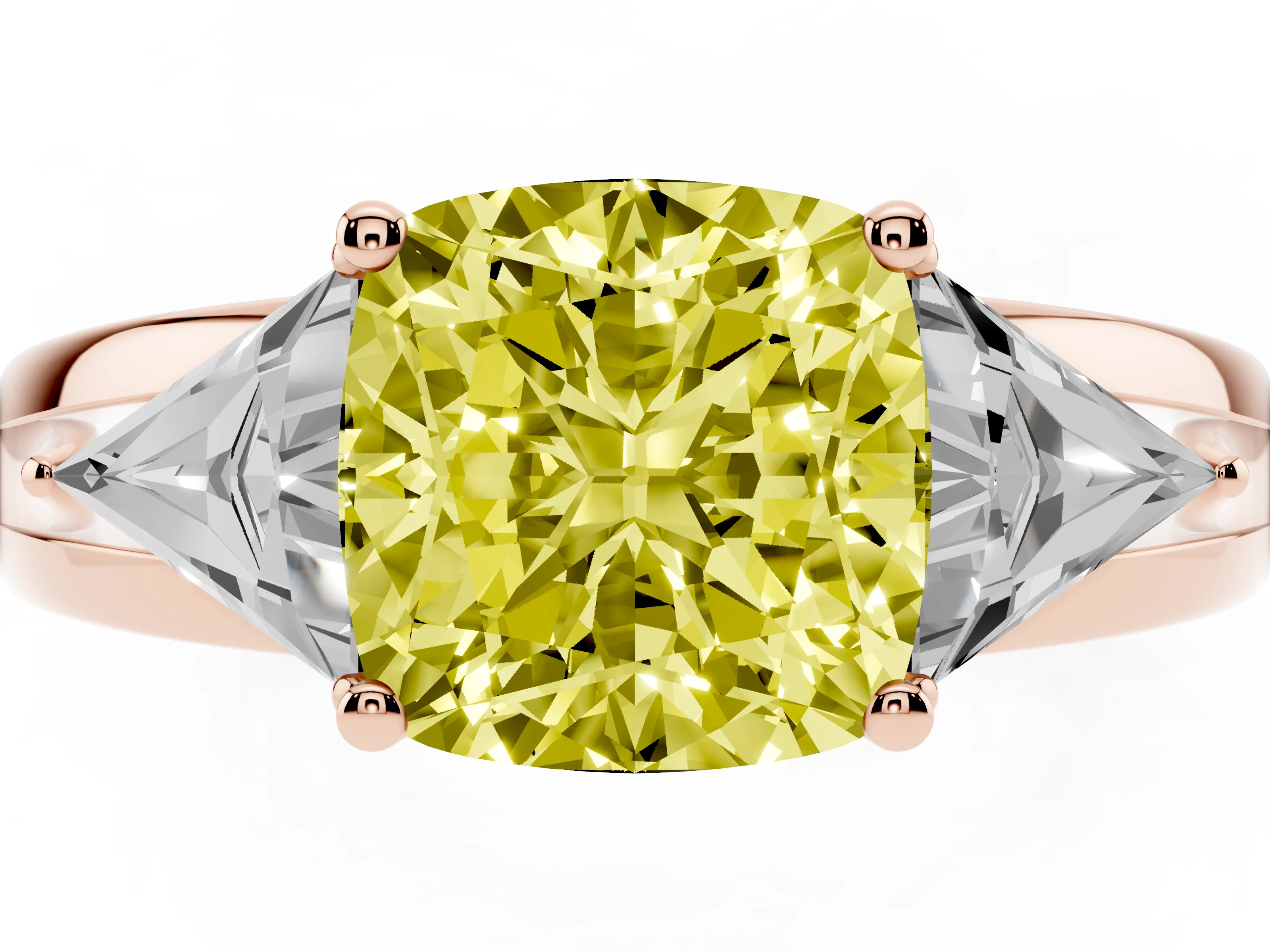 Fancy Yellow Cushion Cut Diamond Three-Stone Ring Set in Rose gold with Trillion Side Stones and Split Shank