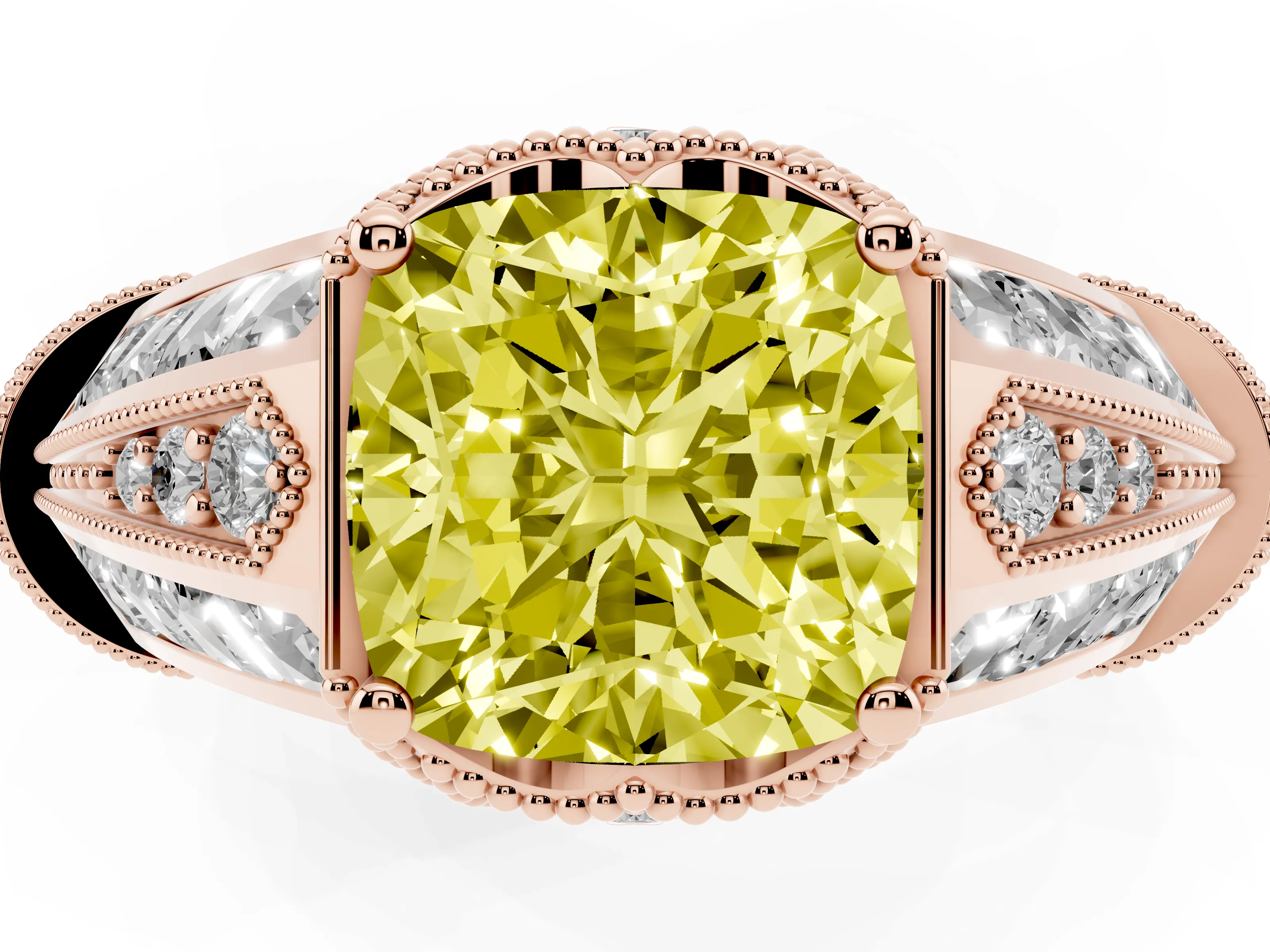 Fancy Yellow Cushion Cut Diamond Vintage-Inspired Milgrain Ring Set in Rose gold with Accent Split Shank