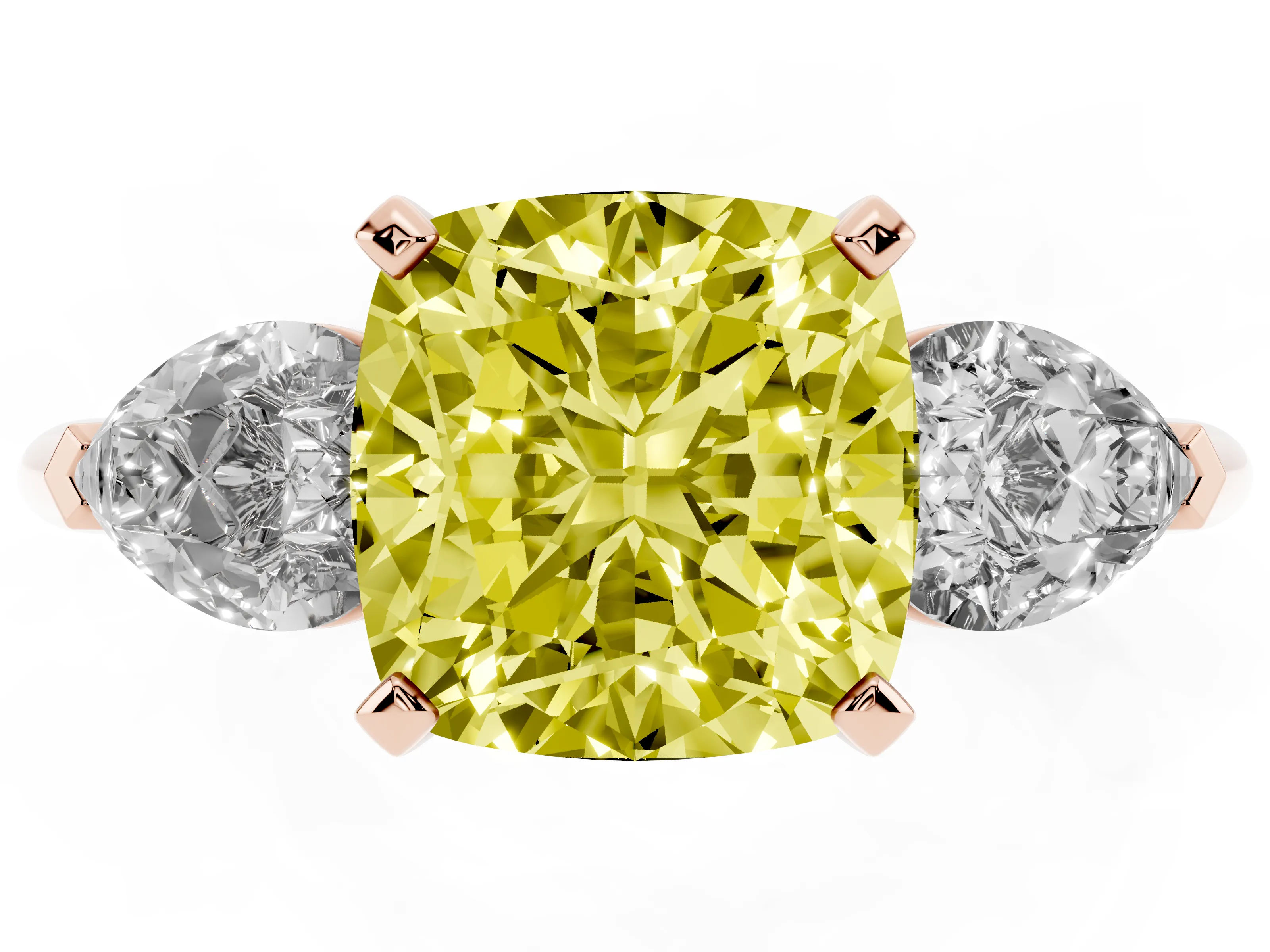 Fancy Yellow Three-Stone Cushion Cut Diamond Ring Set in Rose gold with Pear Side Stones and Prong Setting