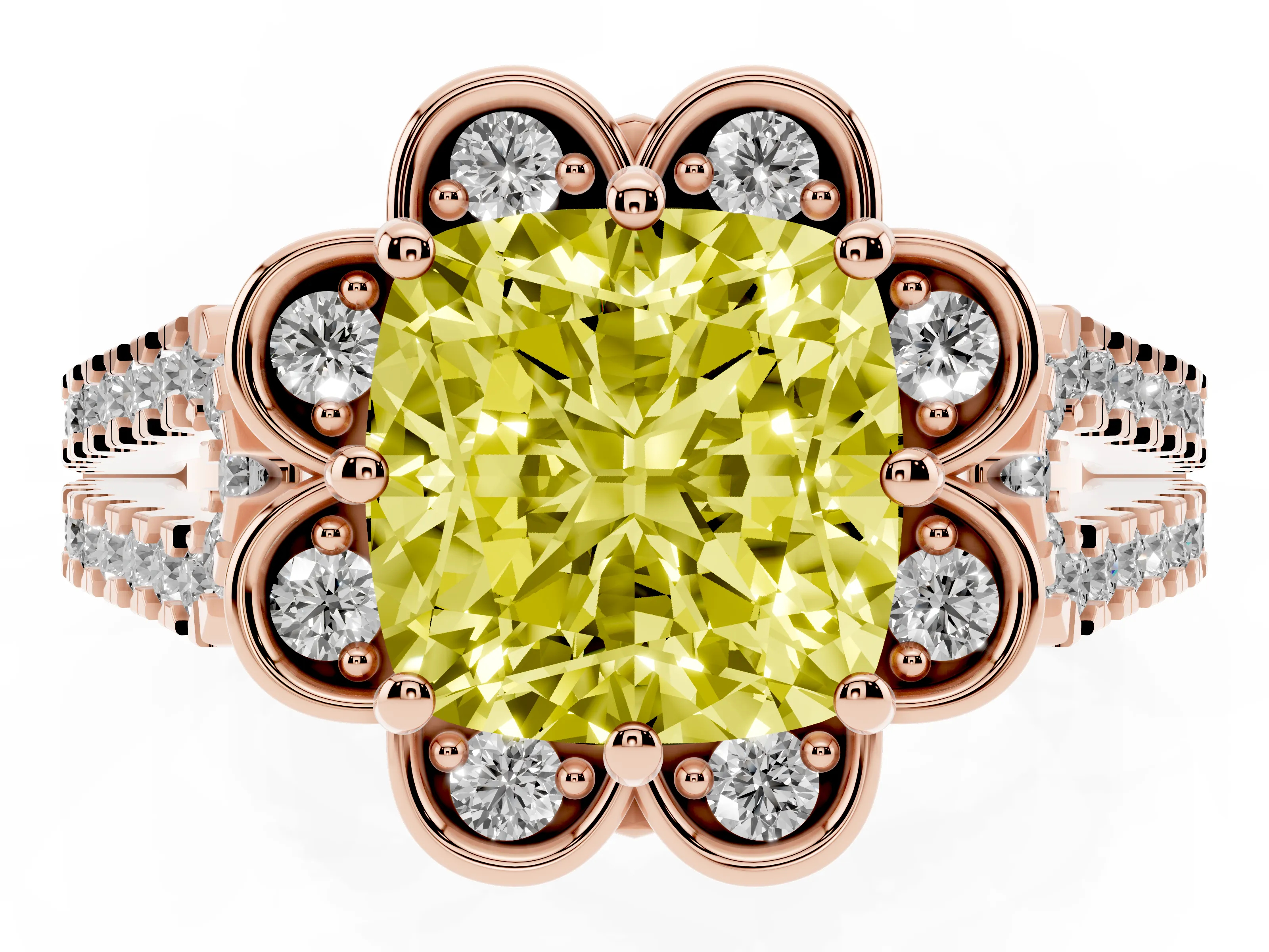 Fancy Yellow Cushion Cut Diamond Floral Halo Split Shank Engagement Ring Set in Rose gold with Pavé Shank