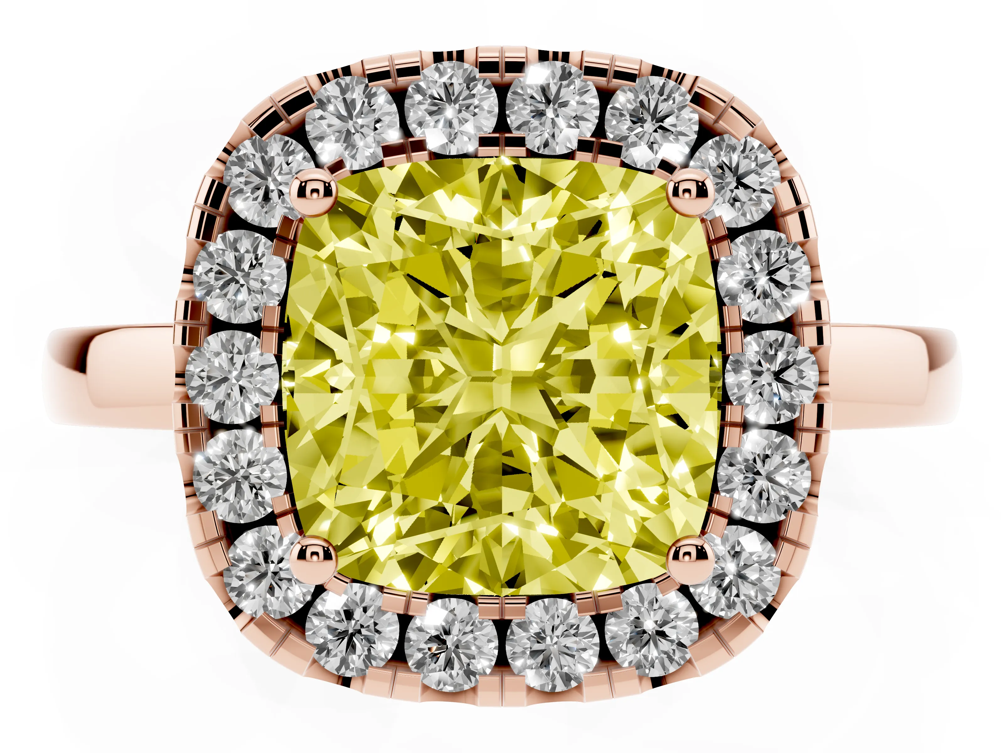 Fancy Yellow Cushion Cut Diamond Halo Solitaire Ring Set in Rose gold with Pavé Band and Prong Setting