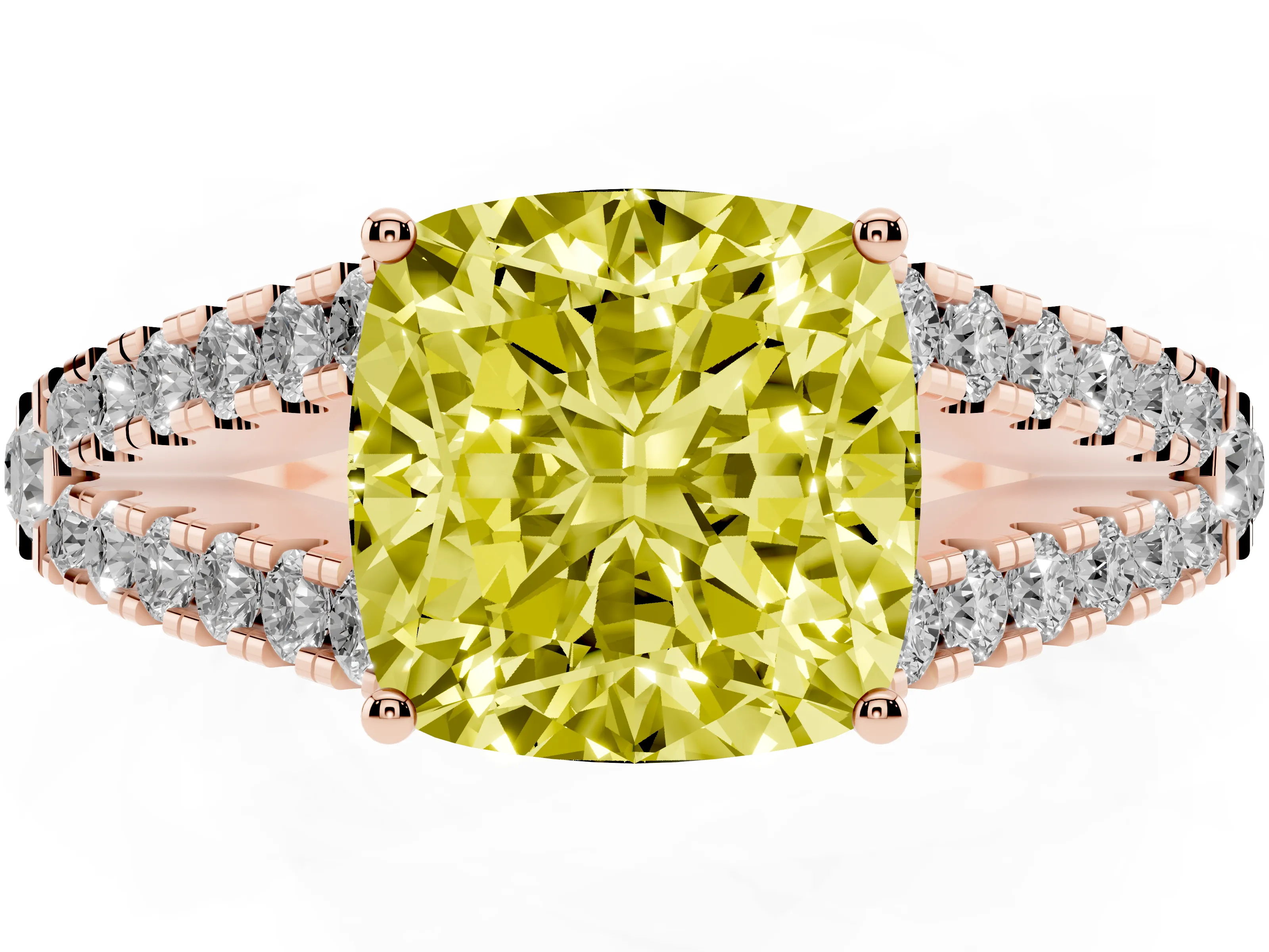 Fancy Yellow Cushion Cut Diamond Split Shank Pavé Engagement Ring Set in Rose gold with Prong-Held Center Stone
