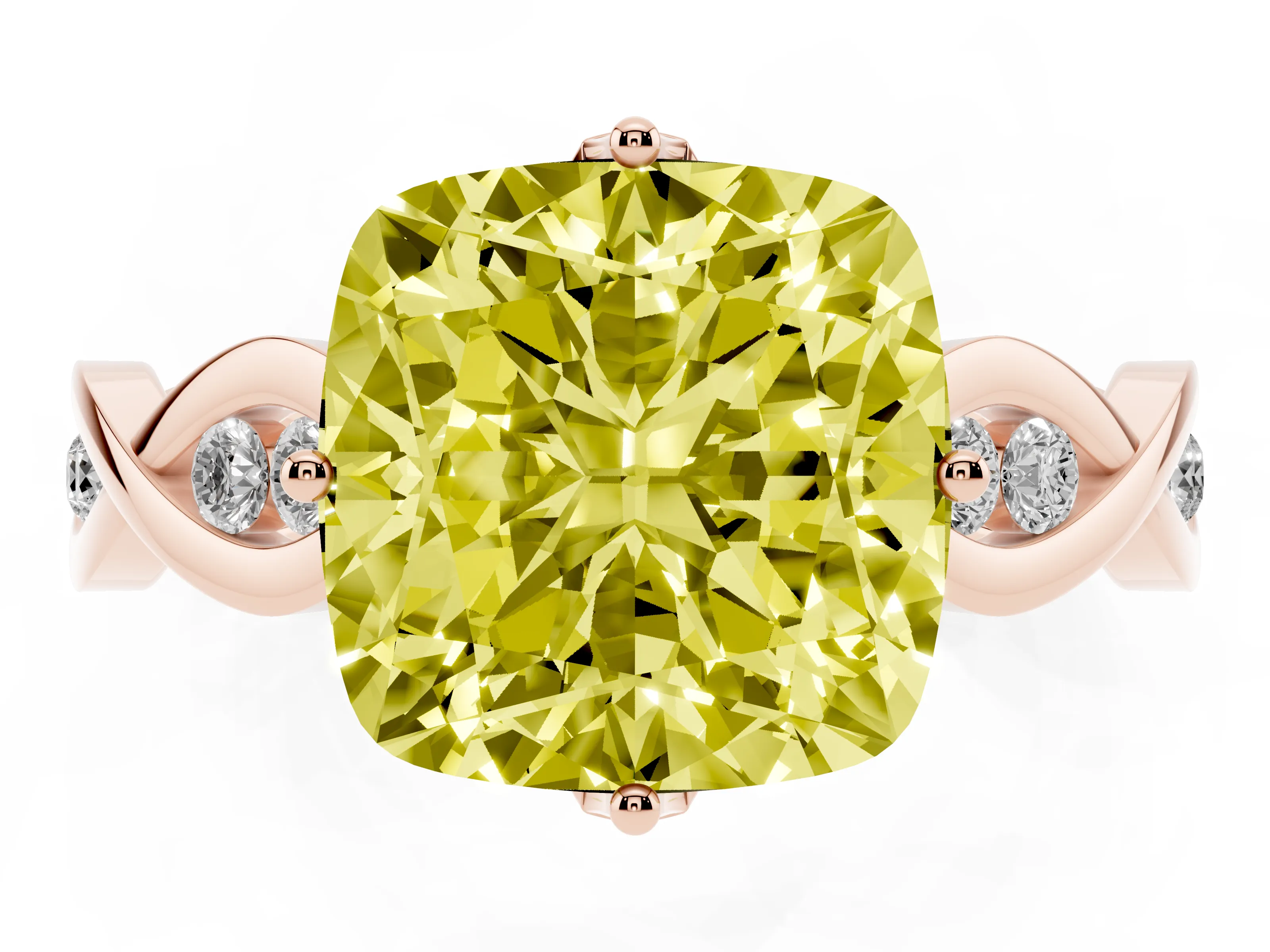 Fancy Yellow Cushion Cut Diamond Twist Band Solitaire Ring Set in Rose gold with Leaf Prong Setting and Accent Stones