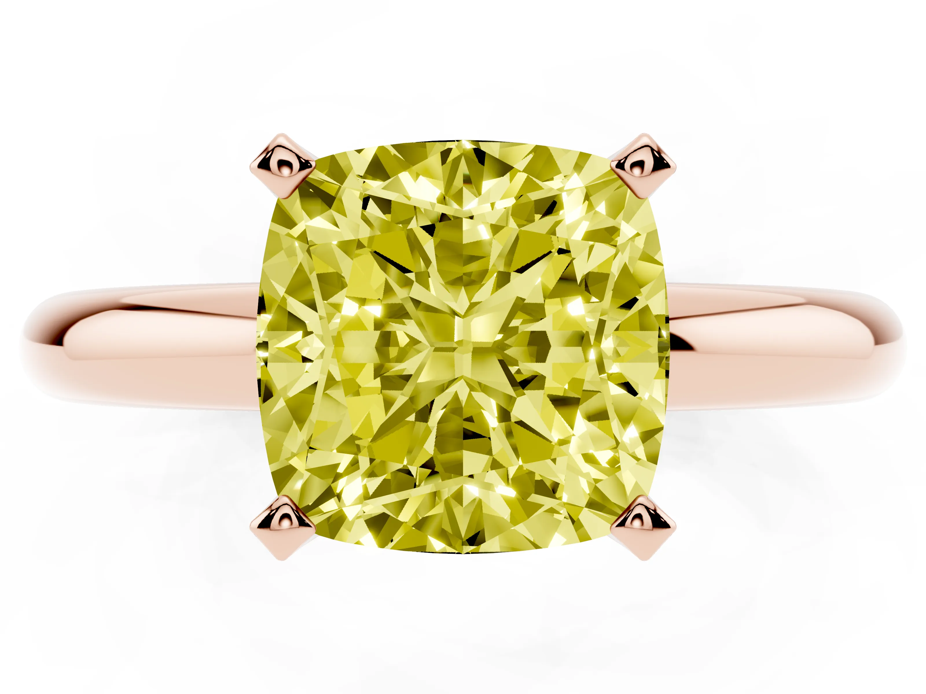 Fancy Yellow Cushion Cut Diamond Solitaire Engagement Ring Set in Rose gold with Round Band and Prong Setting