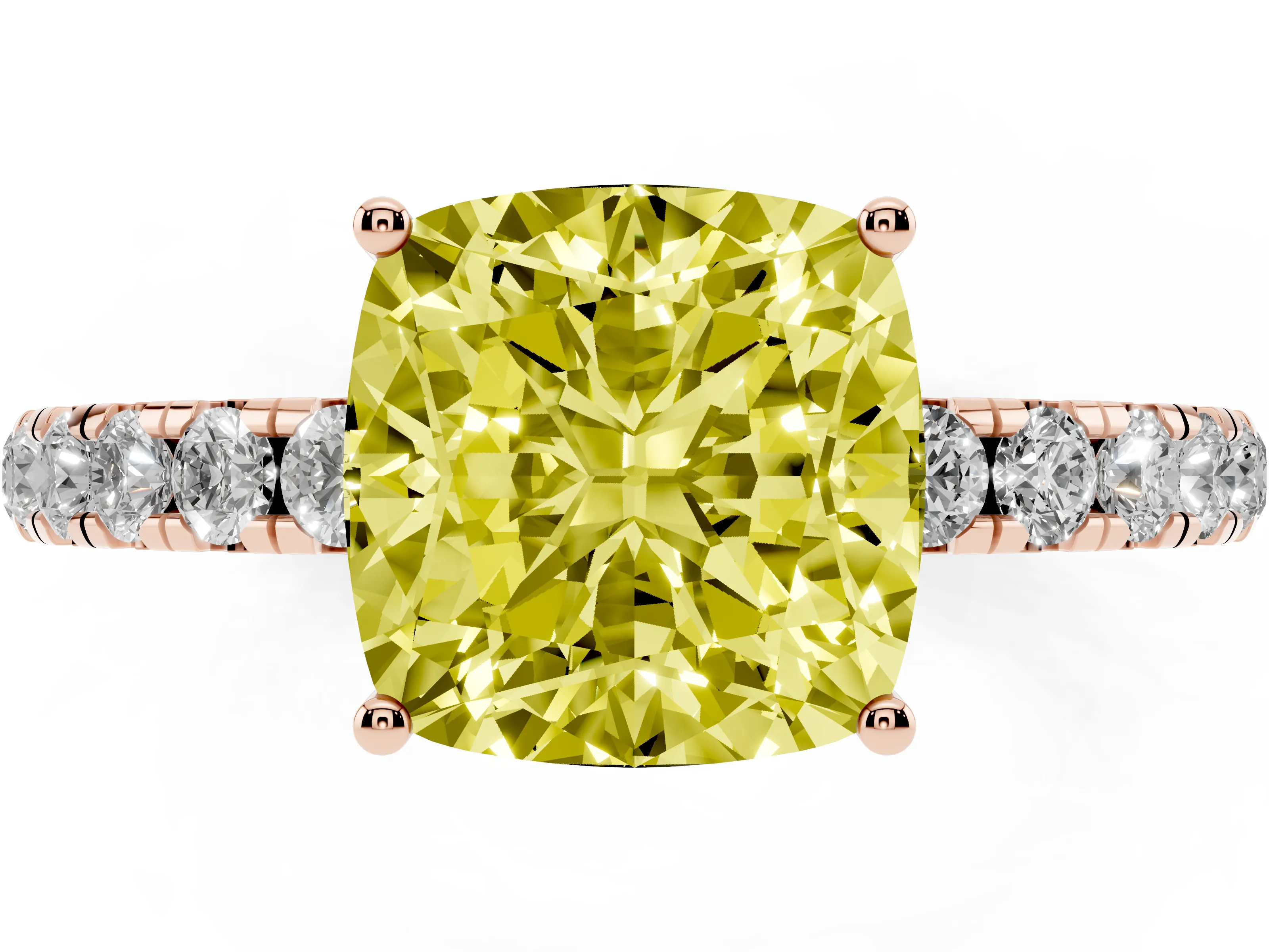 Fancy Yellow Cushion Cut Diamond Pavé Solitaire Engagement Ring Set in Rose gold with Prong Setting