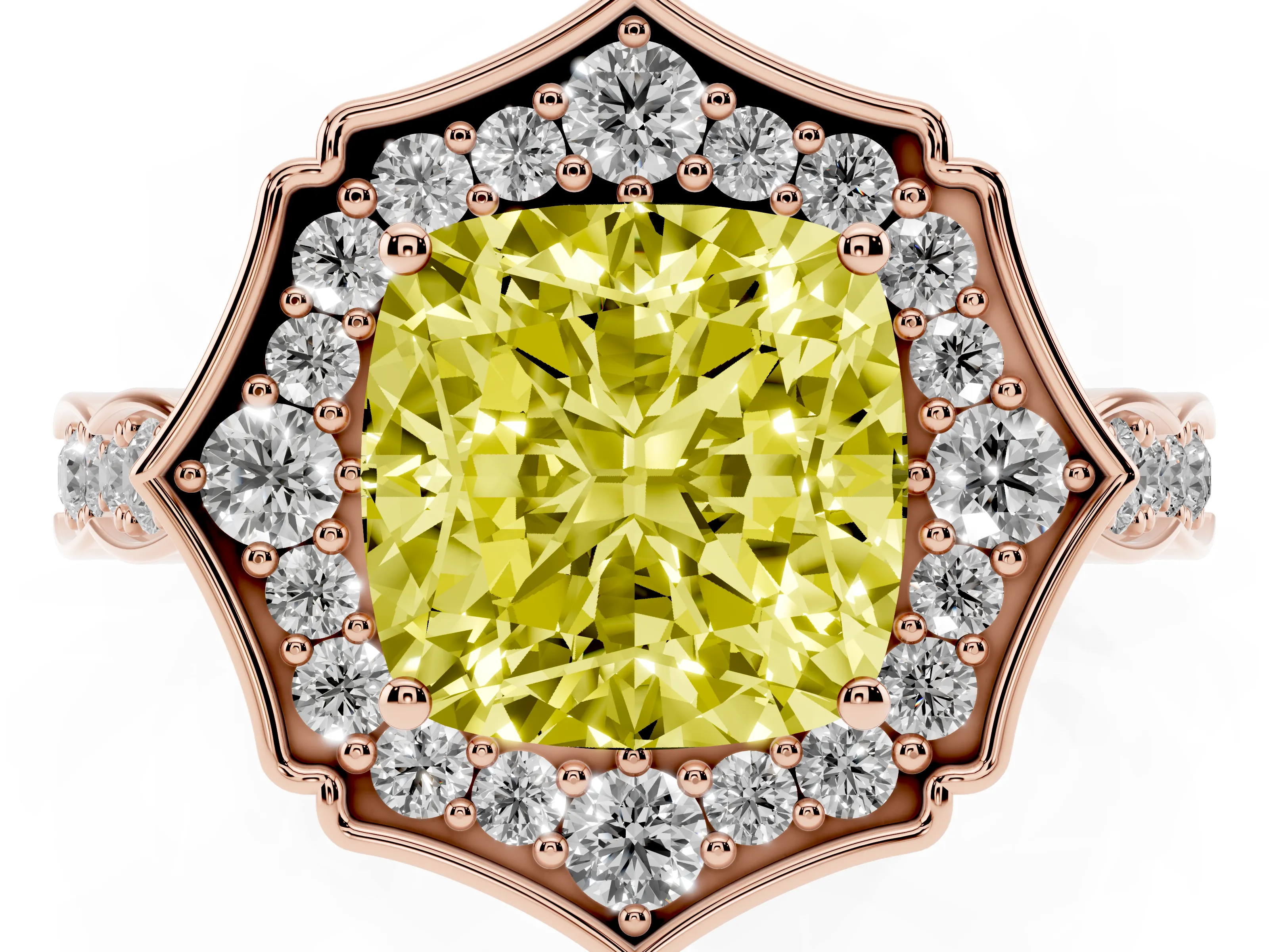 Fancy Yellow Cushion Cut Diamond Halo Engagement Ring Set in Rose gold with Milgrain Band and Prong Setting