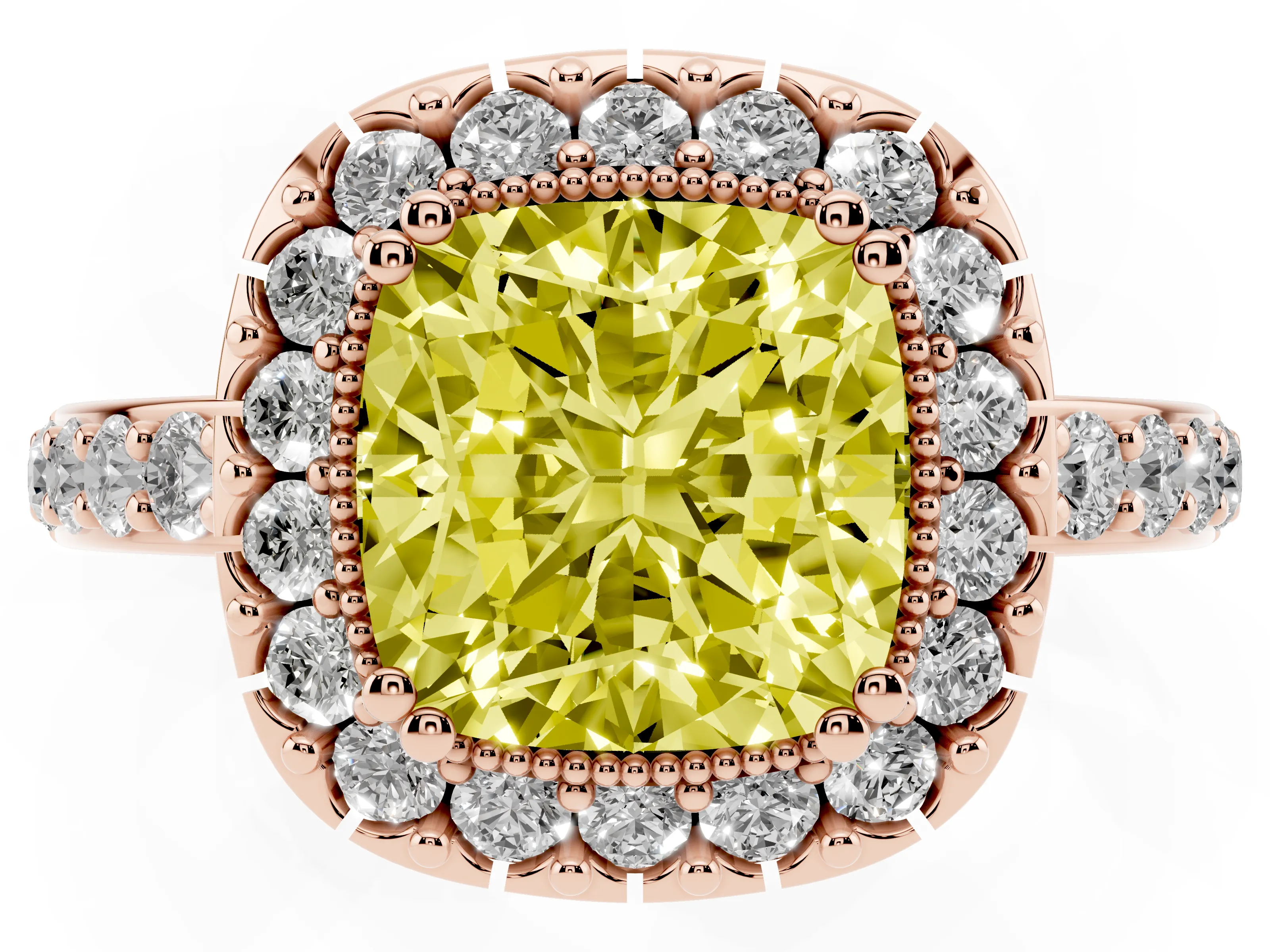 Fancy Yellow Cushion Cut Diamond Halo Ring Set in Rose gold with Pavé Shank and Prong Setting