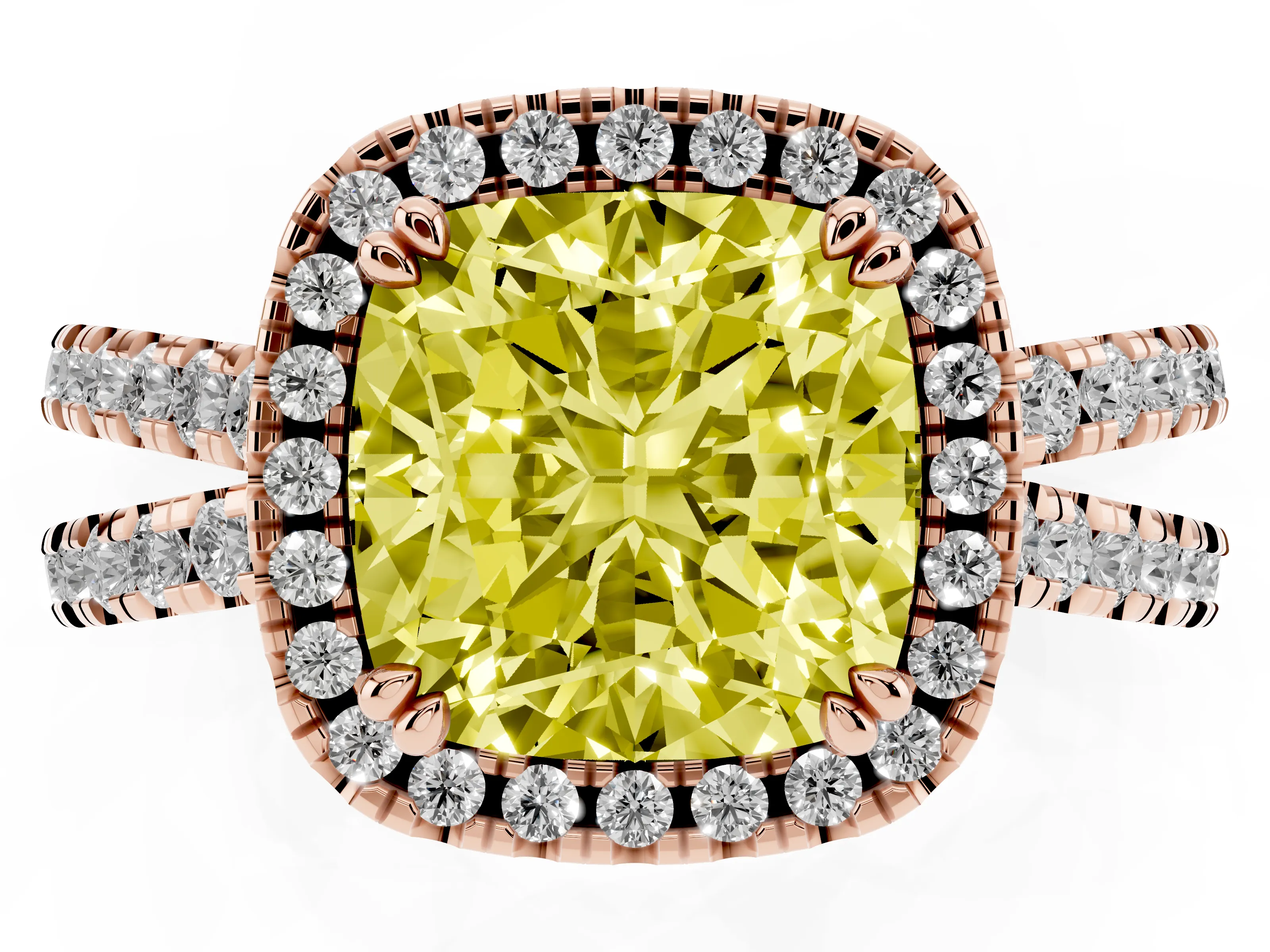 Fancy Yellow Cushion Cut Diamond Halo Split Shank Ring Set in Rose gold with Pavé Setting